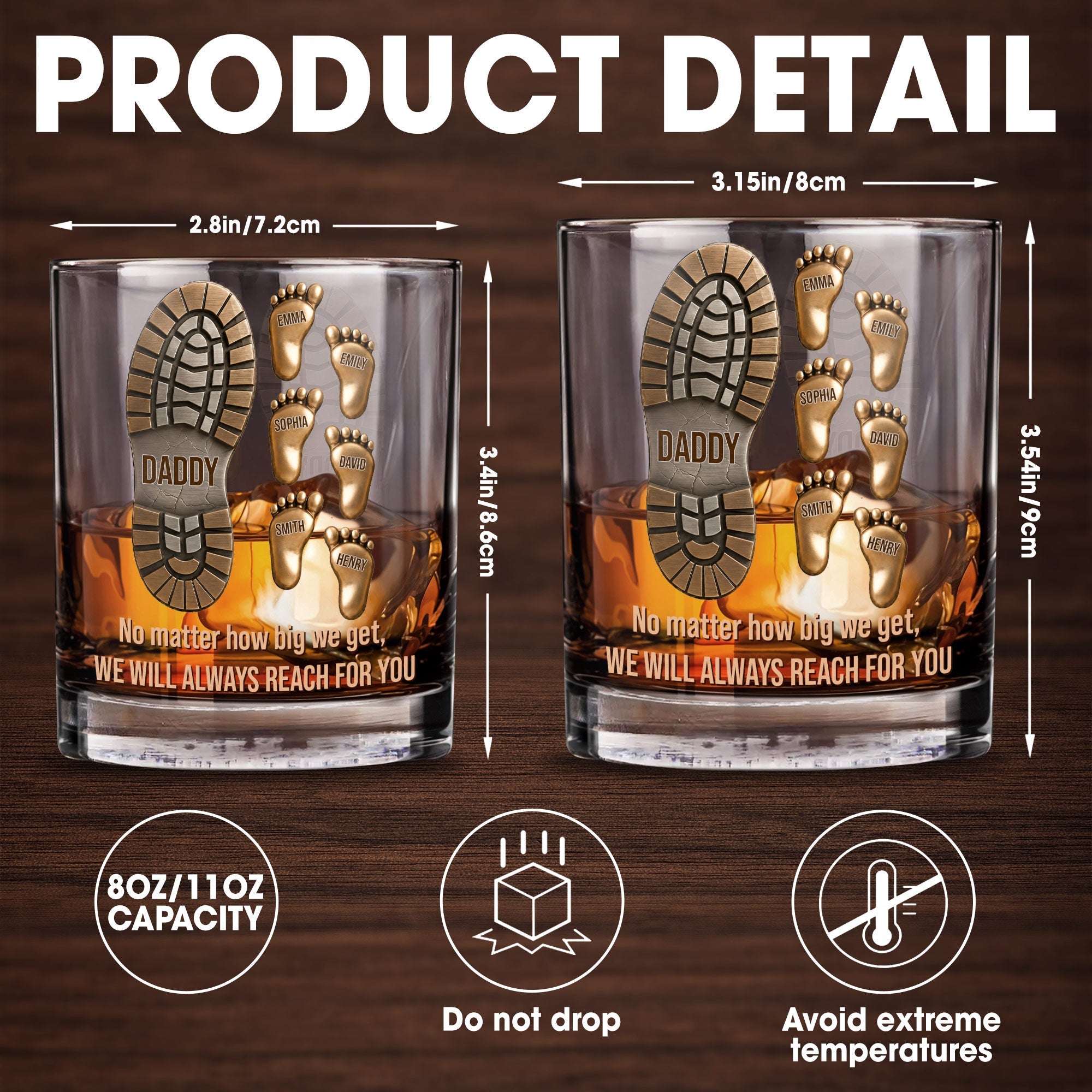 No Matter How Big We Get, Daddy Boot And Baby Footprints - Personalized Custom Whiskey Glass - DAD617_RWG