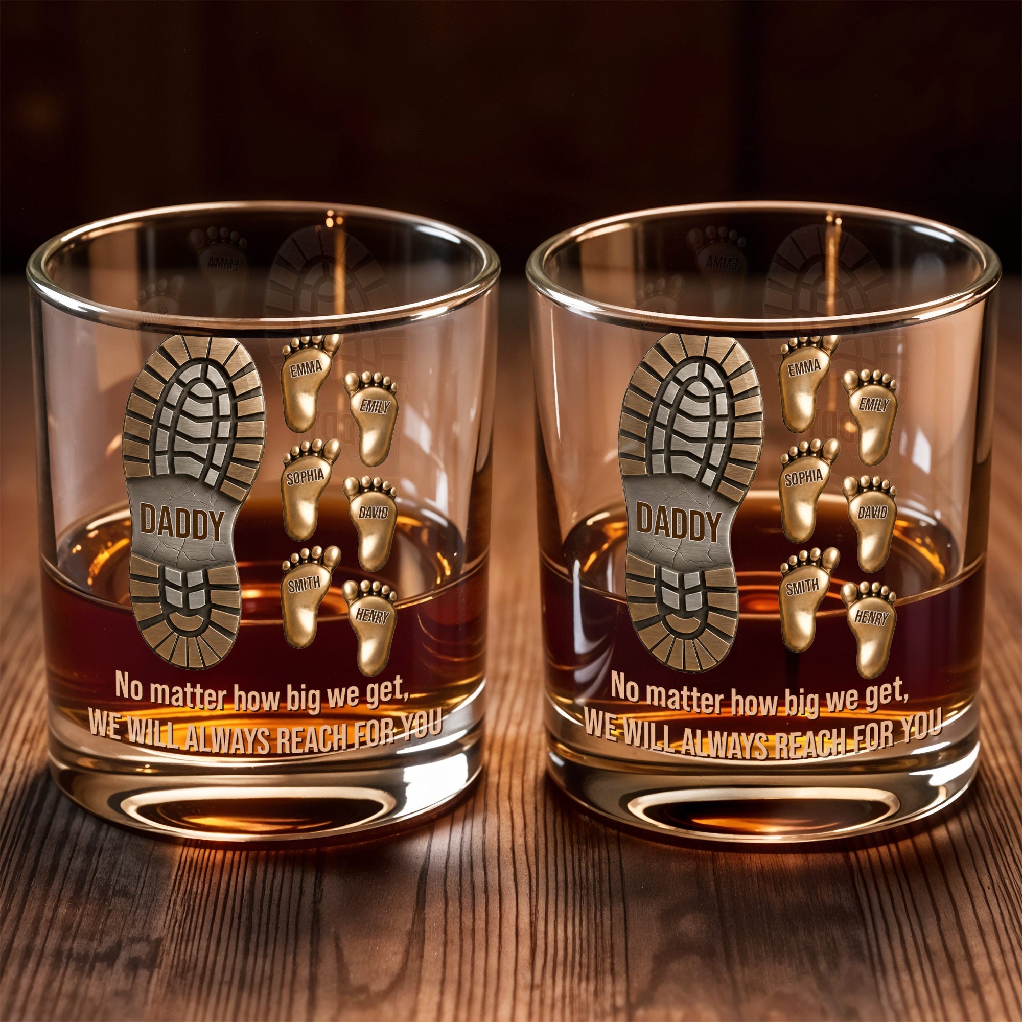 No Matter How Big We Get, Daddy Boot And Baby Footprints - Personalized Custom Whiskey Glass - DAD617_RWG