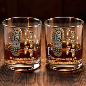 No Matter How Big We Get, Daddy Boot And Baby Footprints - Personalized Custom Whiskey Glass - DAD617_RWG