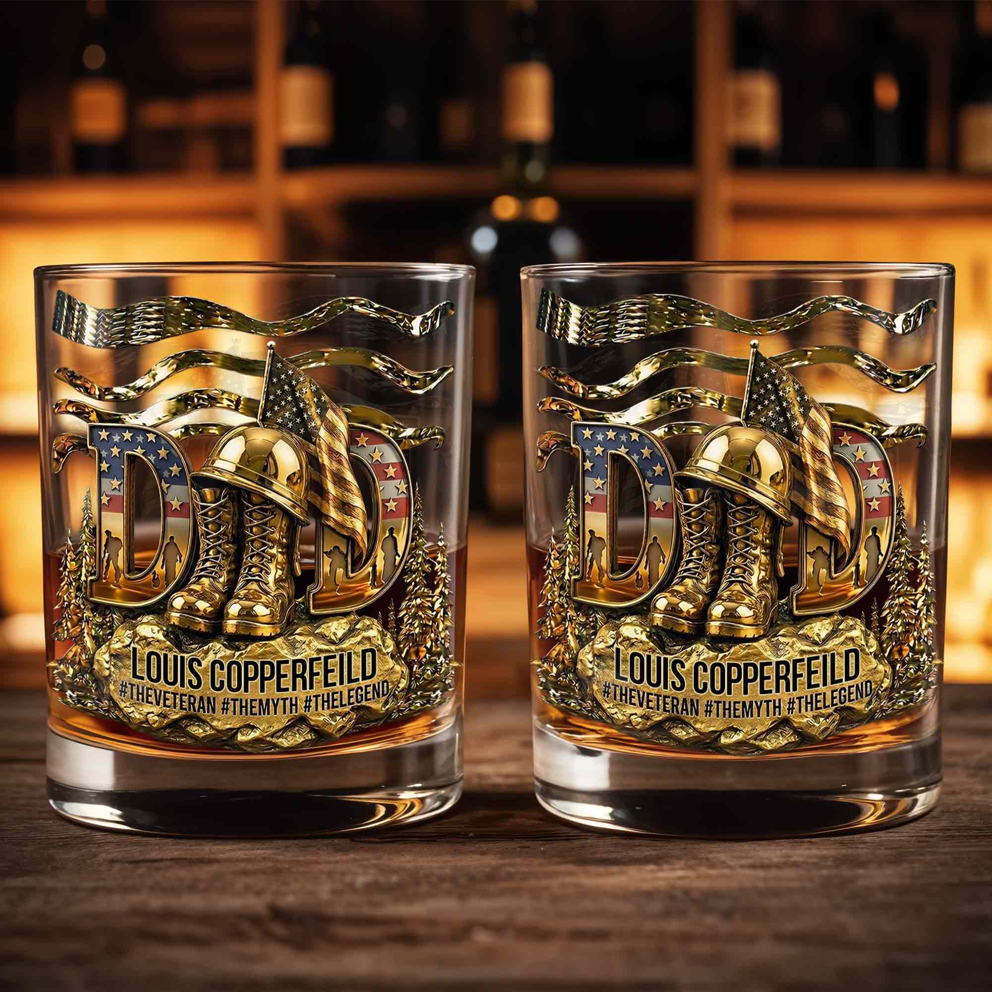 Dad The Veteran The Myth The Legend With 3D Golden Helmet And Boots - Personalized Custom Whiskey Glass - DAD649_RWG