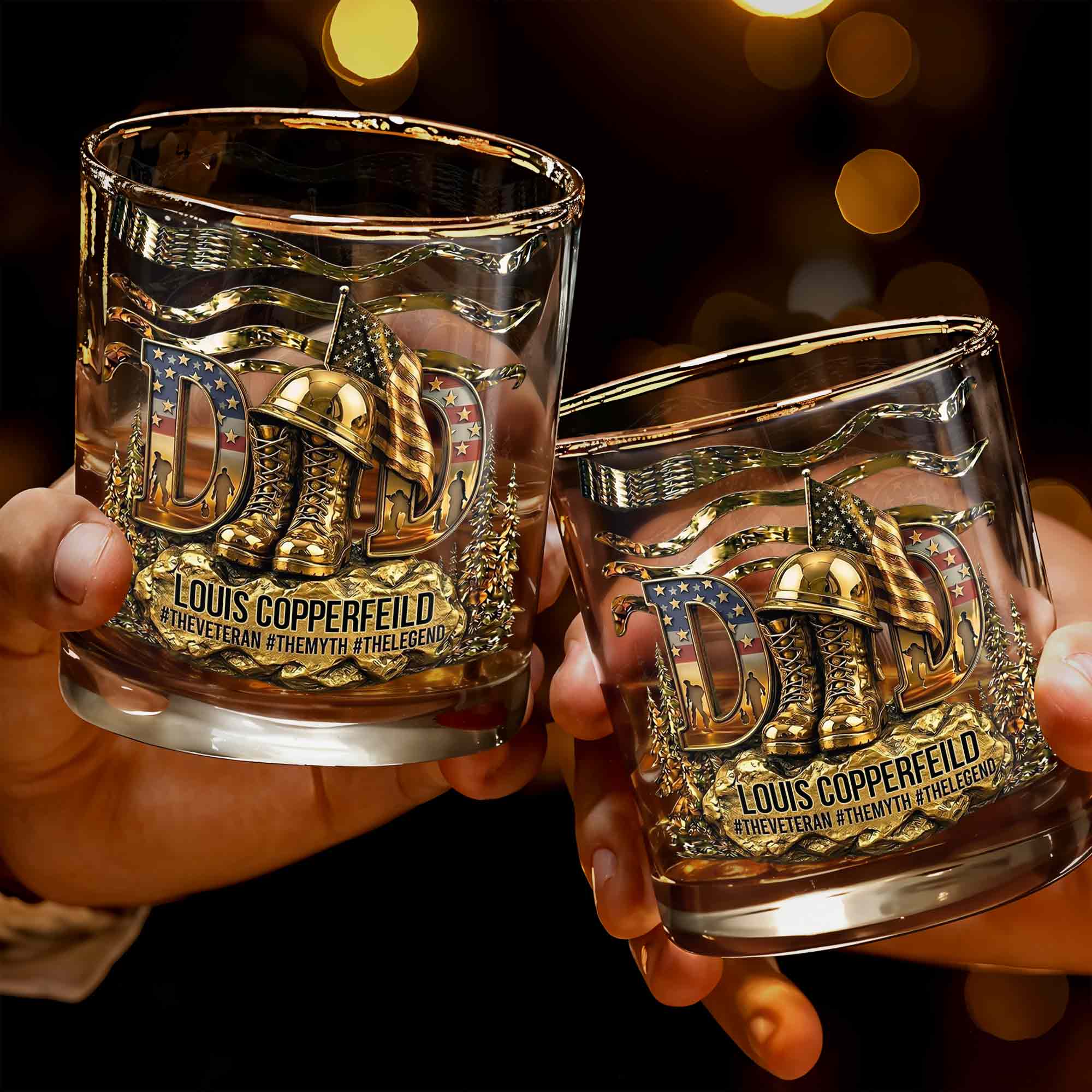 Dad The Veteran The Myth The Legend With 3D Golden Helmet And Boots - Personalized Custom Whiskey Glass - DAD649_RWG