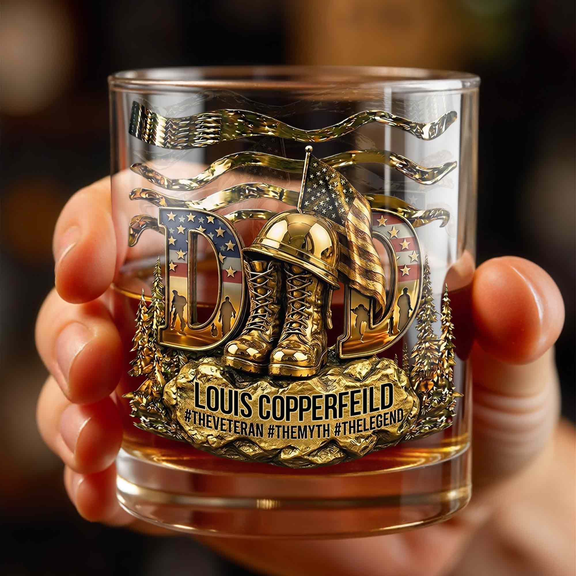 Dad The Veteran The Myth The Legend With 3D Golden Helmet And Boots - Personalized Custom Whiskey Glass - DAD649_RWG