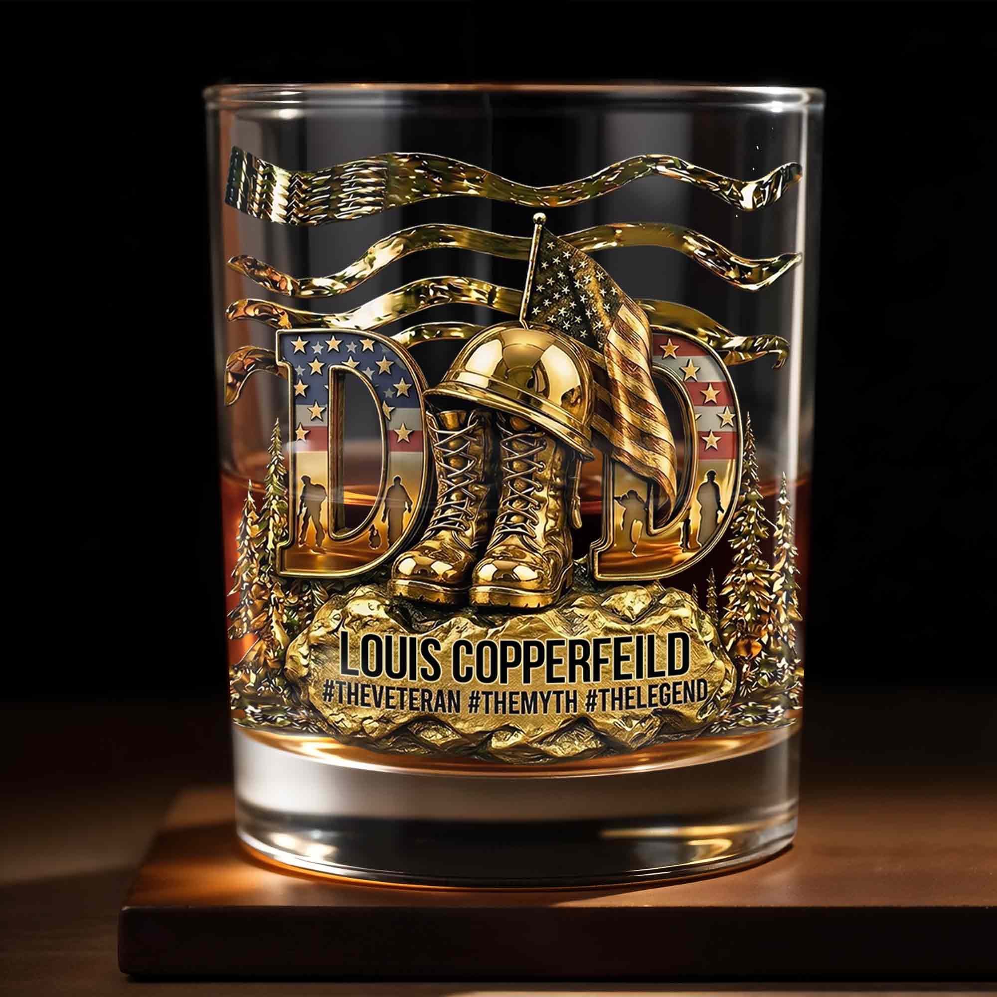 Dad The Veteran The Myth The Legend With 3D Golden Helmet And Boots - Personalized Custom Whiskey Glass - DAD649_RWG