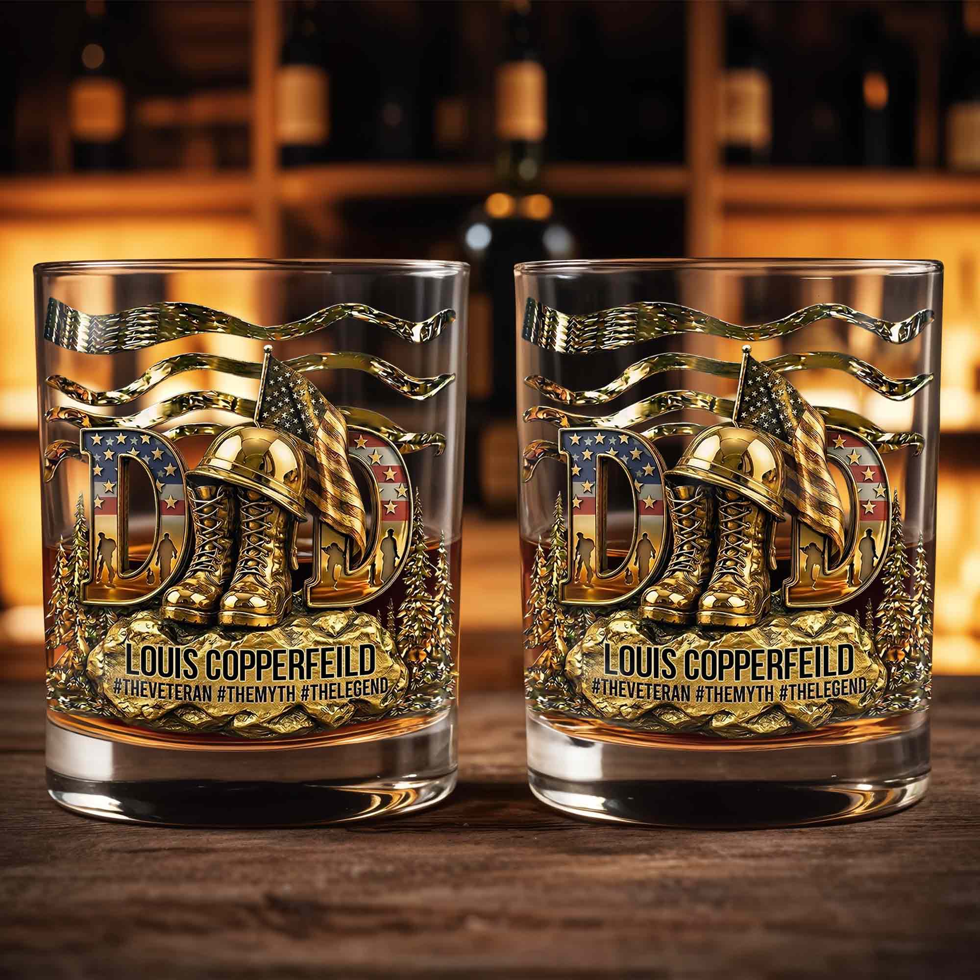 Dad The Veteran The Myth The Legend With 3D Golden Helmet And Boots - Personalized Custom Whiskey Glass - DAD649_RWG