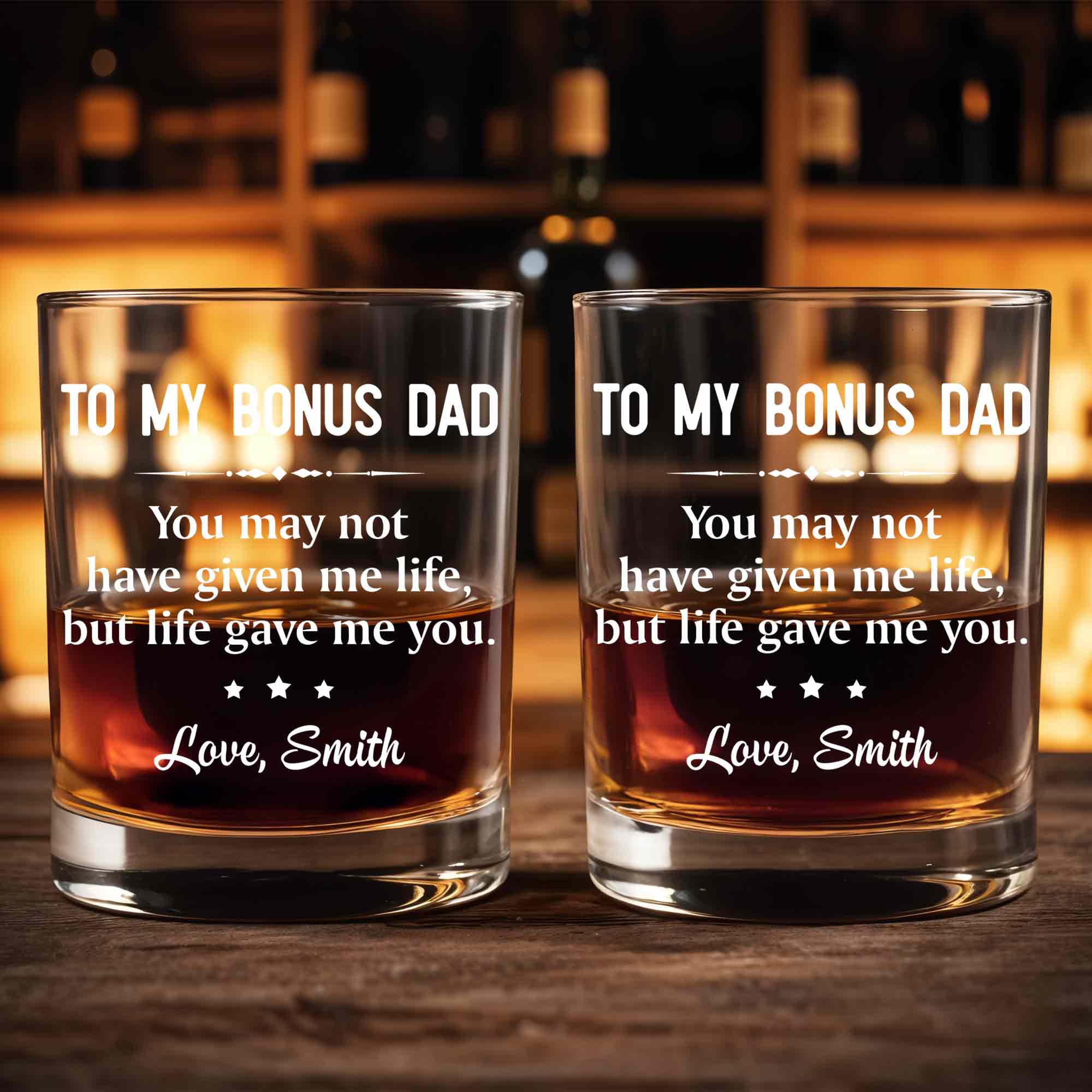 To My Bonus Dad Life Gave Me You With Stars Design - Personalized Custom Whiskey Glass - DAD658_RWG