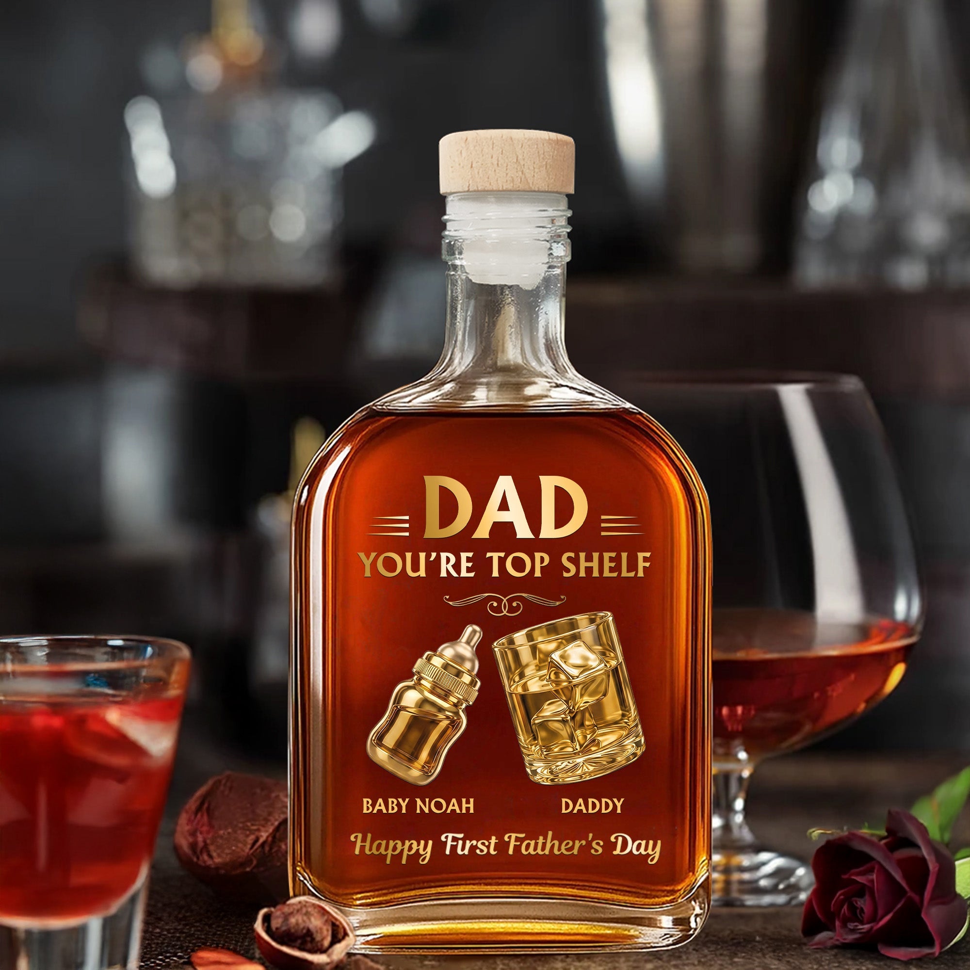 Dad You're Top Shelf Happy First Father's Day Whiskey Glass And Baby Bottle - Personalized Whiskey Bottle - DAD683_WHIBA