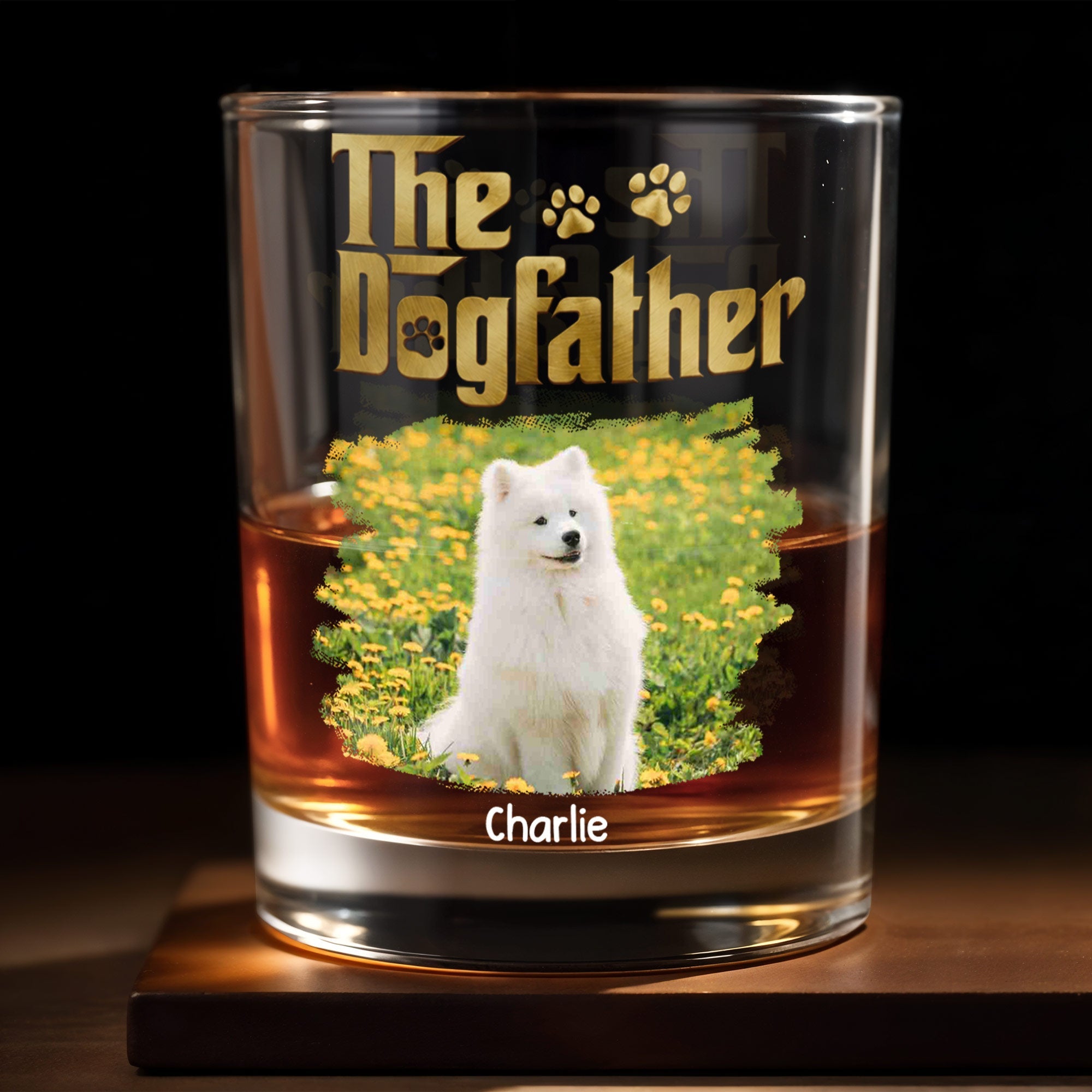 The Dogfather Custom Photo With Dog Paws And Flowers - Personalized Custom Whiskey Glass - DAD685_RWG