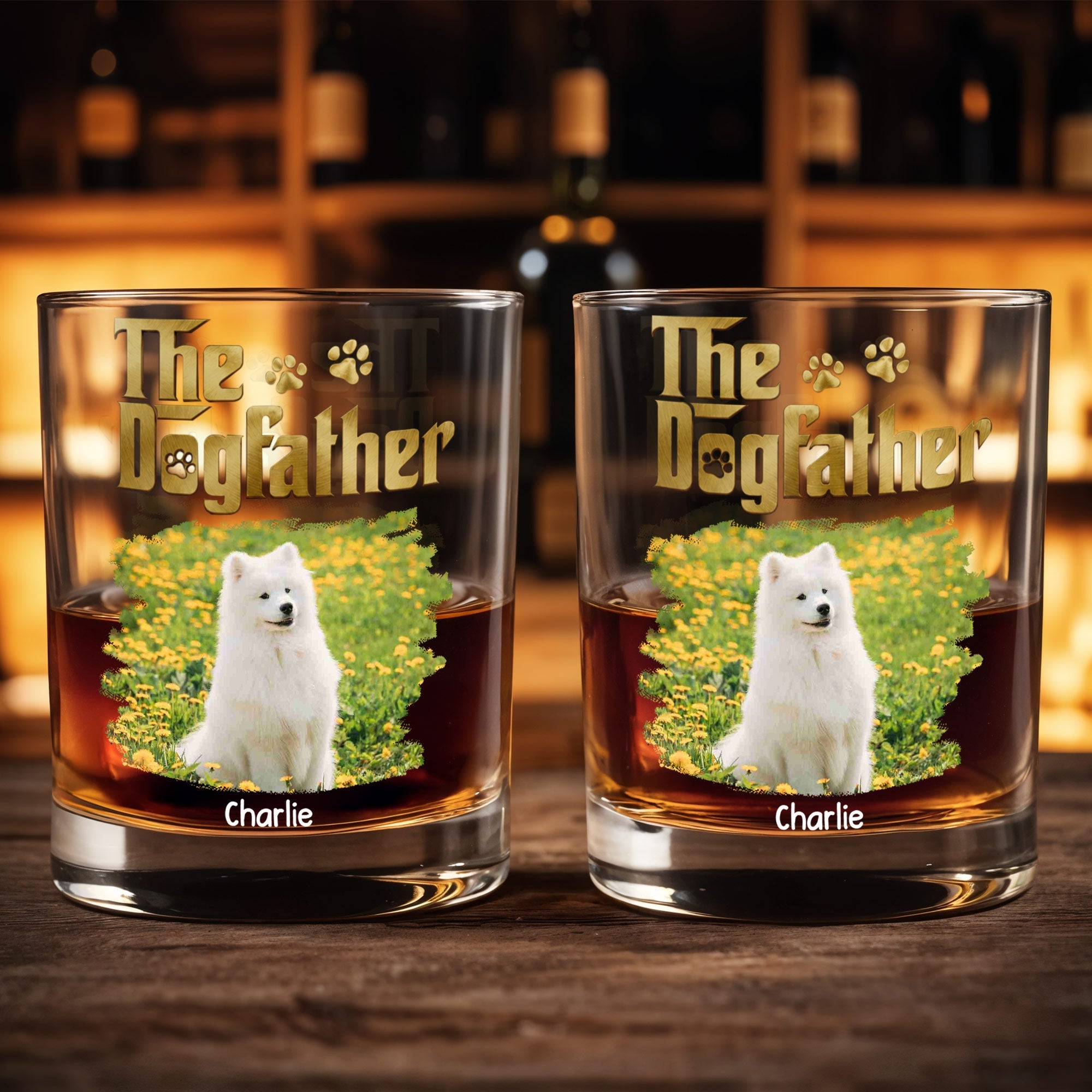 The Dogfather Custom Photo With Dog Paws And Flowers - Personalized Custom Whiskey Glass - DAD685_RWG