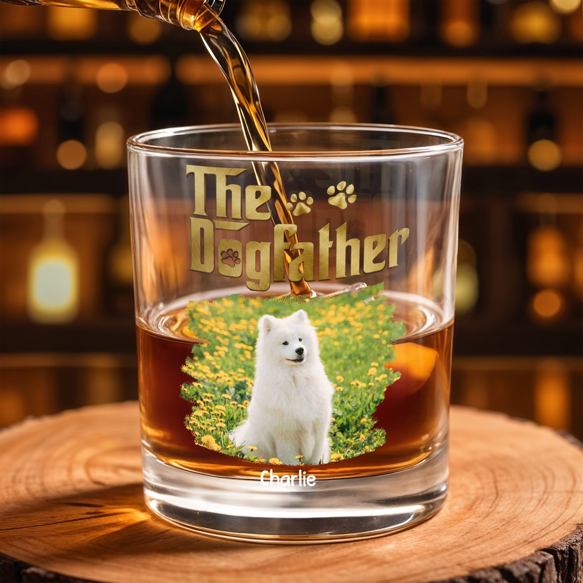 The Dogfather Custom Photo With Dog Paws And Flowers - Personalized Custom Whiskey Glass - DAD685_RWG