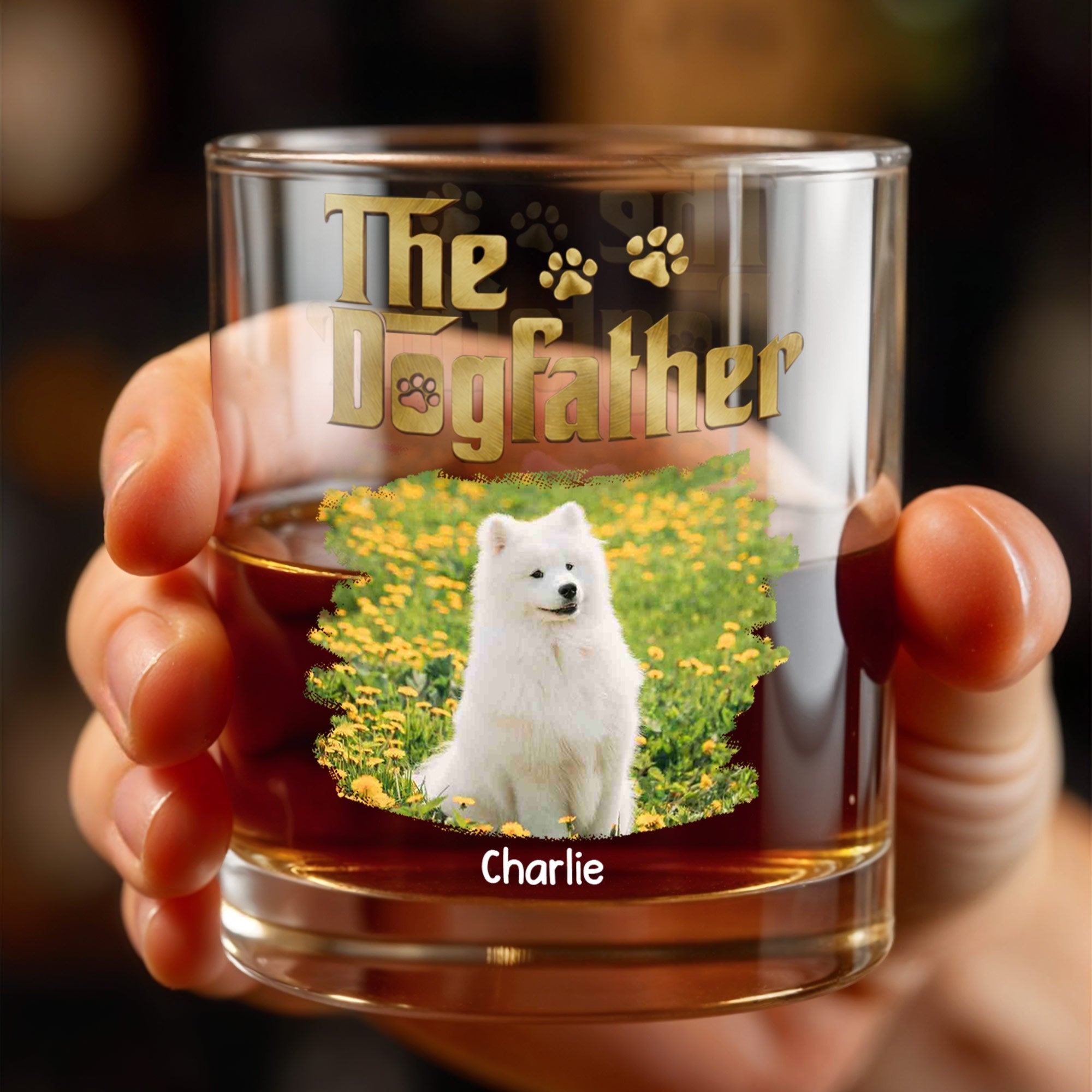 The Dogfather Custom Photo With Dog Paws And Flowers - Personalized Custom Whiskey Glass - DAD685_RWG