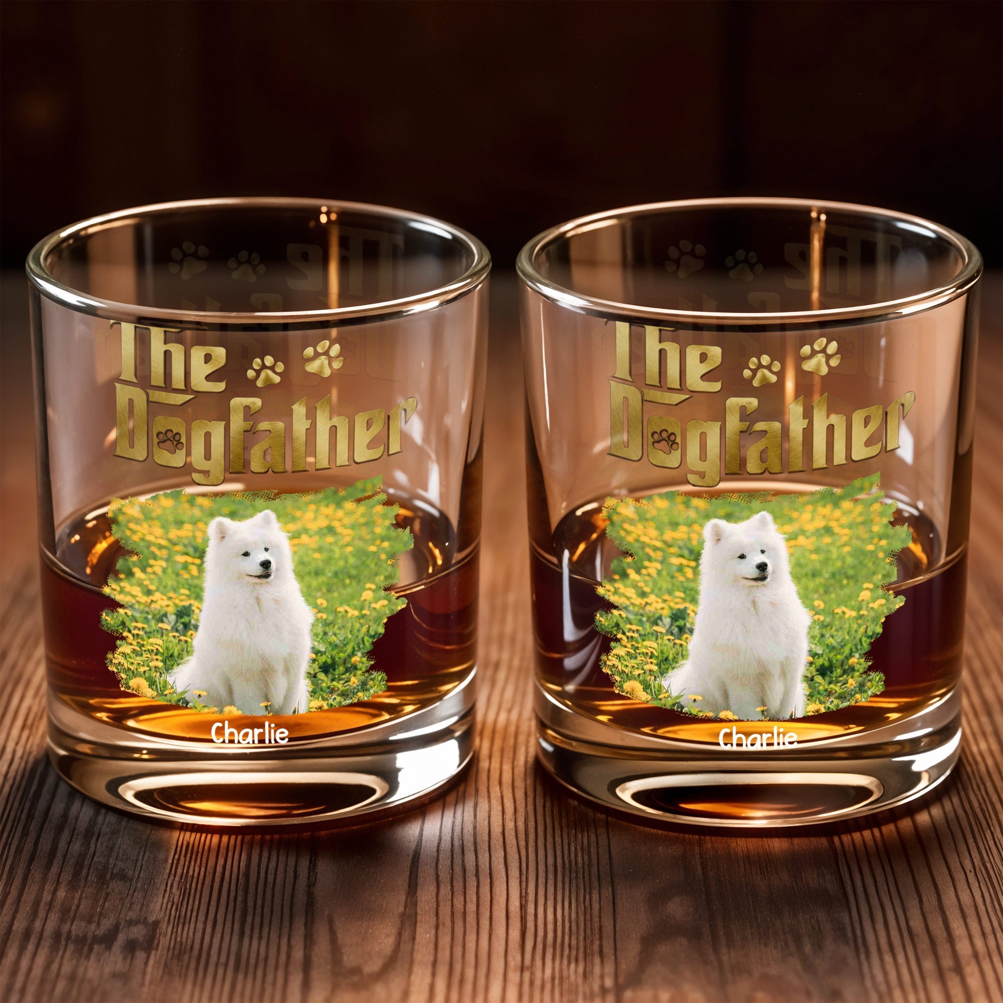 The Dogfather Custom Photo With Dog Paws And Flowers - Personalized Custom Whiskey Glass - DAD685_RWG