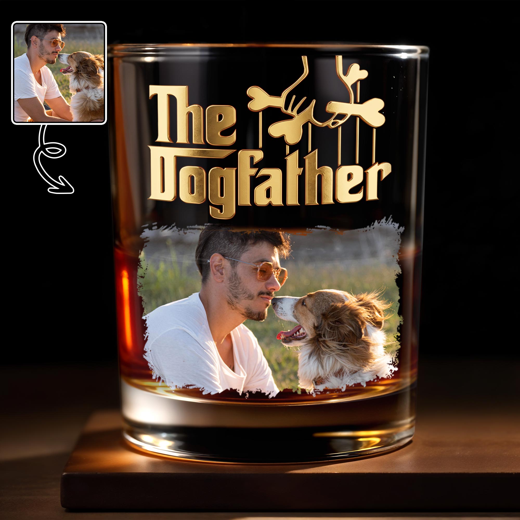 The Dogfather Custom Photo With Dog Bones Design - Personalized Custom Whiskey Glass - DAD689_RWG