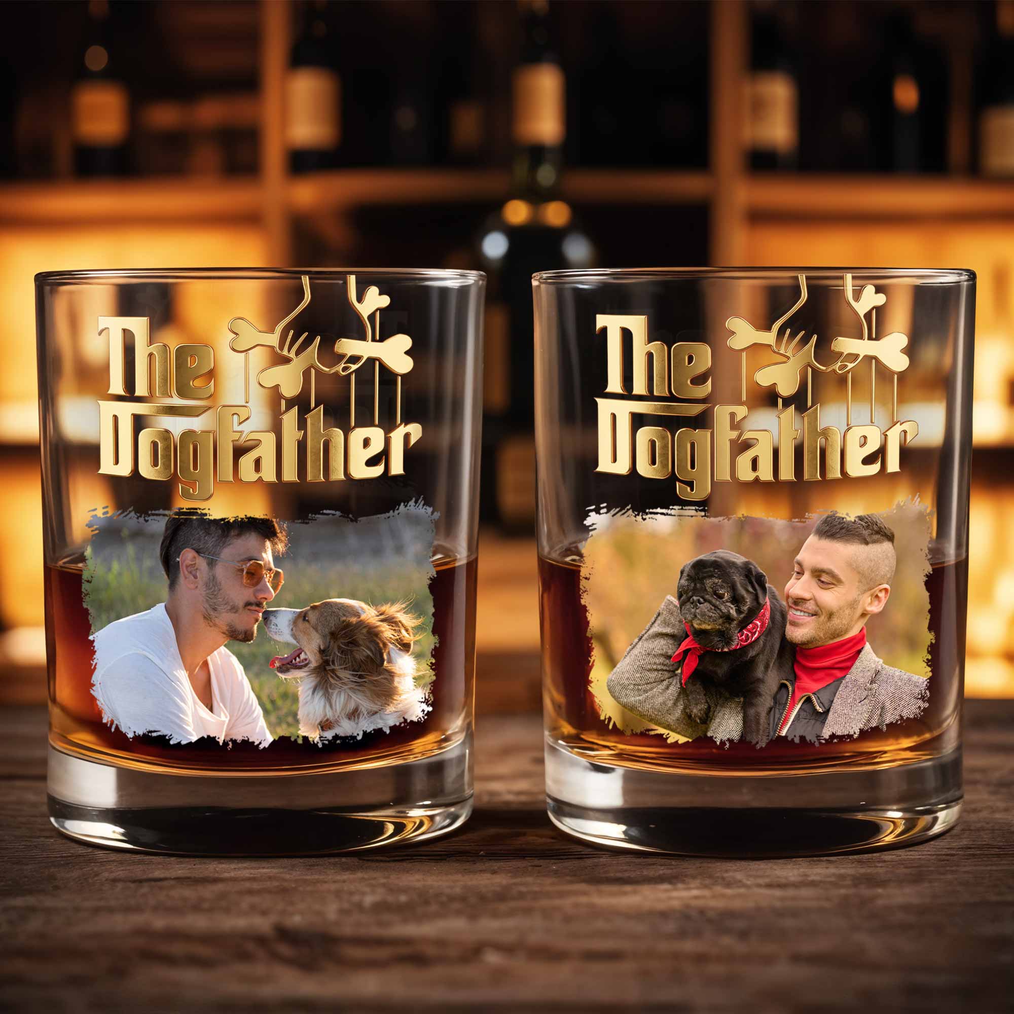 The Dogfather Custom Photo With Dog Bones Design - Personalized Custom Whiskey Glass - DAD689_RWG