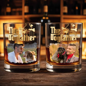 The Dogfather Custom Photo With Dog Bones Design - Personalized Custom Whiskey Glass - DAD689_RWG