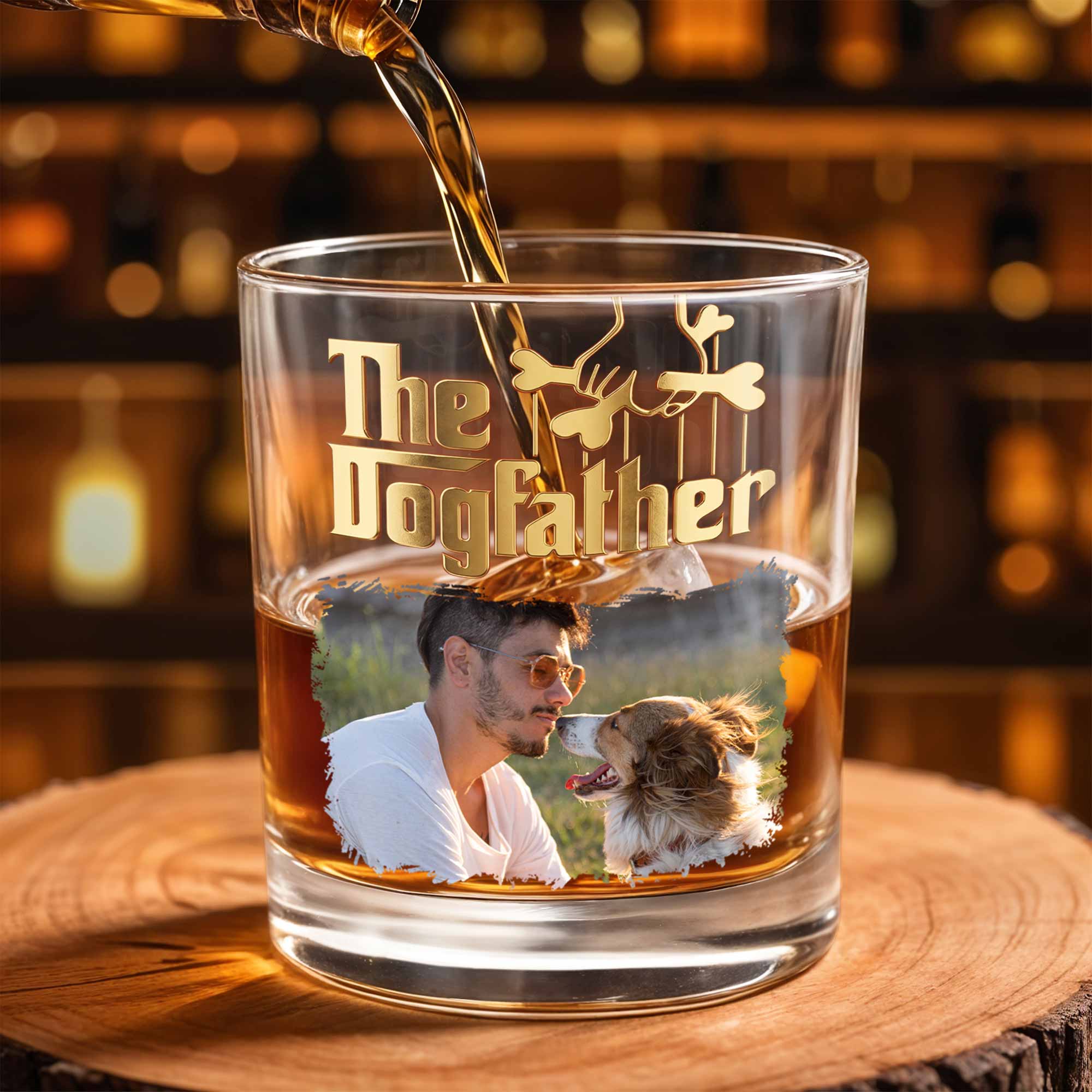 The Dogfather Custom Photo With Dog Bones Design - Personalized Custom Whiskey Glass - DAD689_RWG