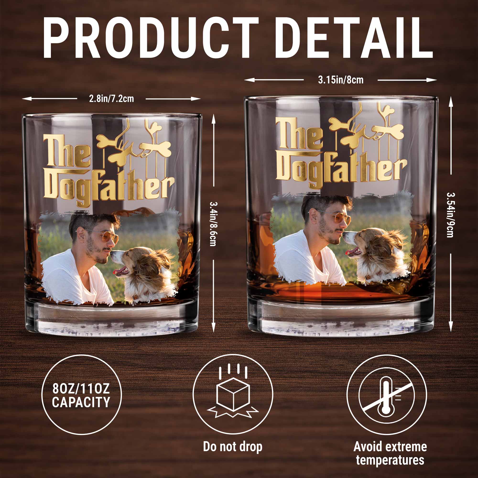 The Dogfather Custom Photo With Dog Bones Design - Personalized Custom Whiskey Glass - DAD689_RWG