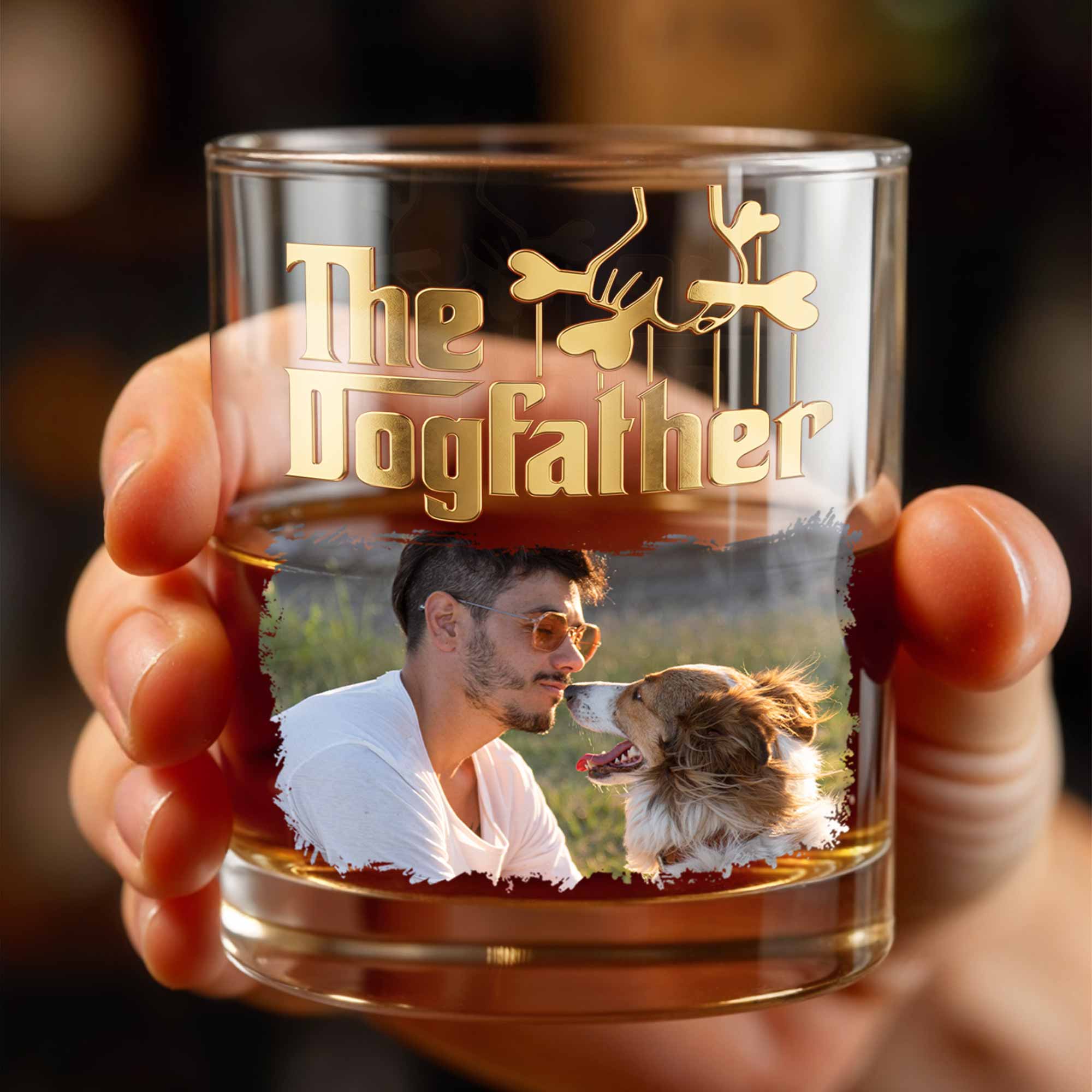 The Dogfather Custom Photo With Dog Bones Design - Personalized Custom Whiskey Glass - DAD689_RWG