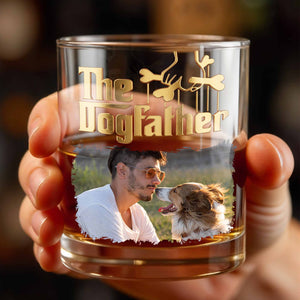 The Dogfather Custom Photo With Dog Bones Design - Personalized Custom Whiskey Glass - DAD689_RWG