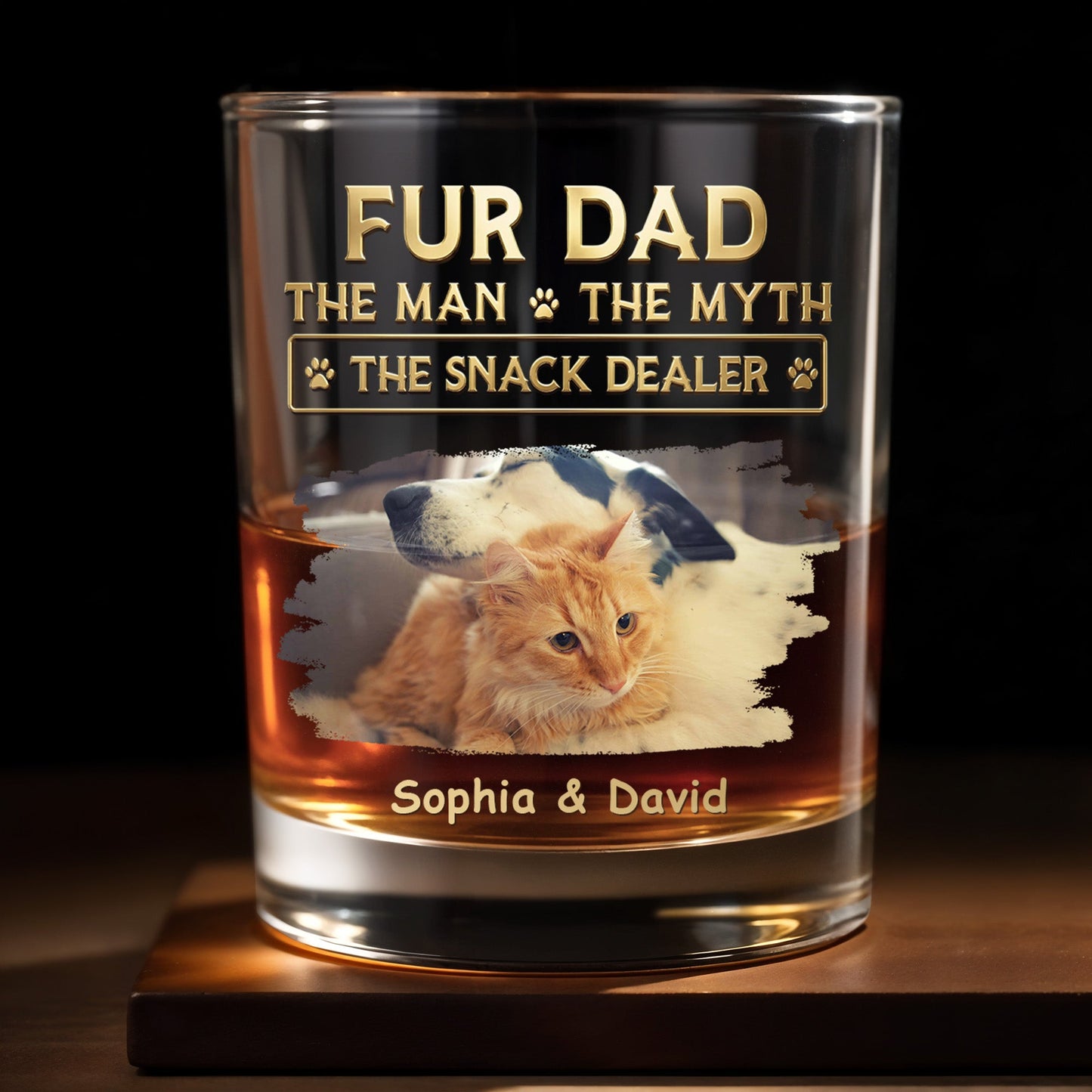 Fur Dad The Man The Myth The Snack Dealer With Custom Photo And Paws - Personalized Custom Whiskey Glass - DAD692_RWG