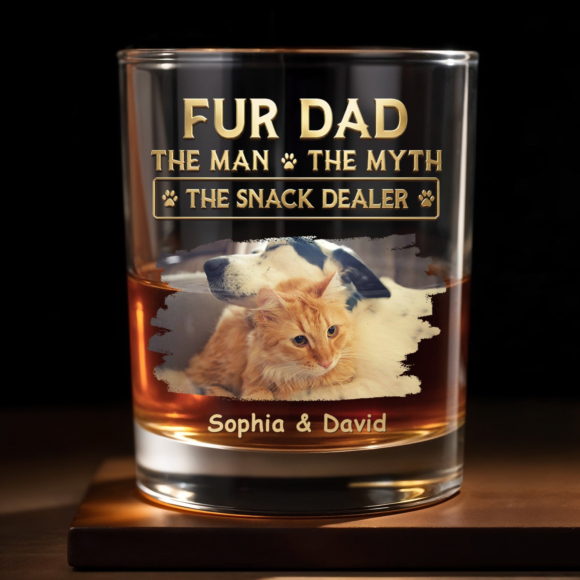 Fur Dad The Man The Myth The Snack Dealer With Custom Photo And Paws - Personalized Custom Whiskey Glass - DAD692_RWG