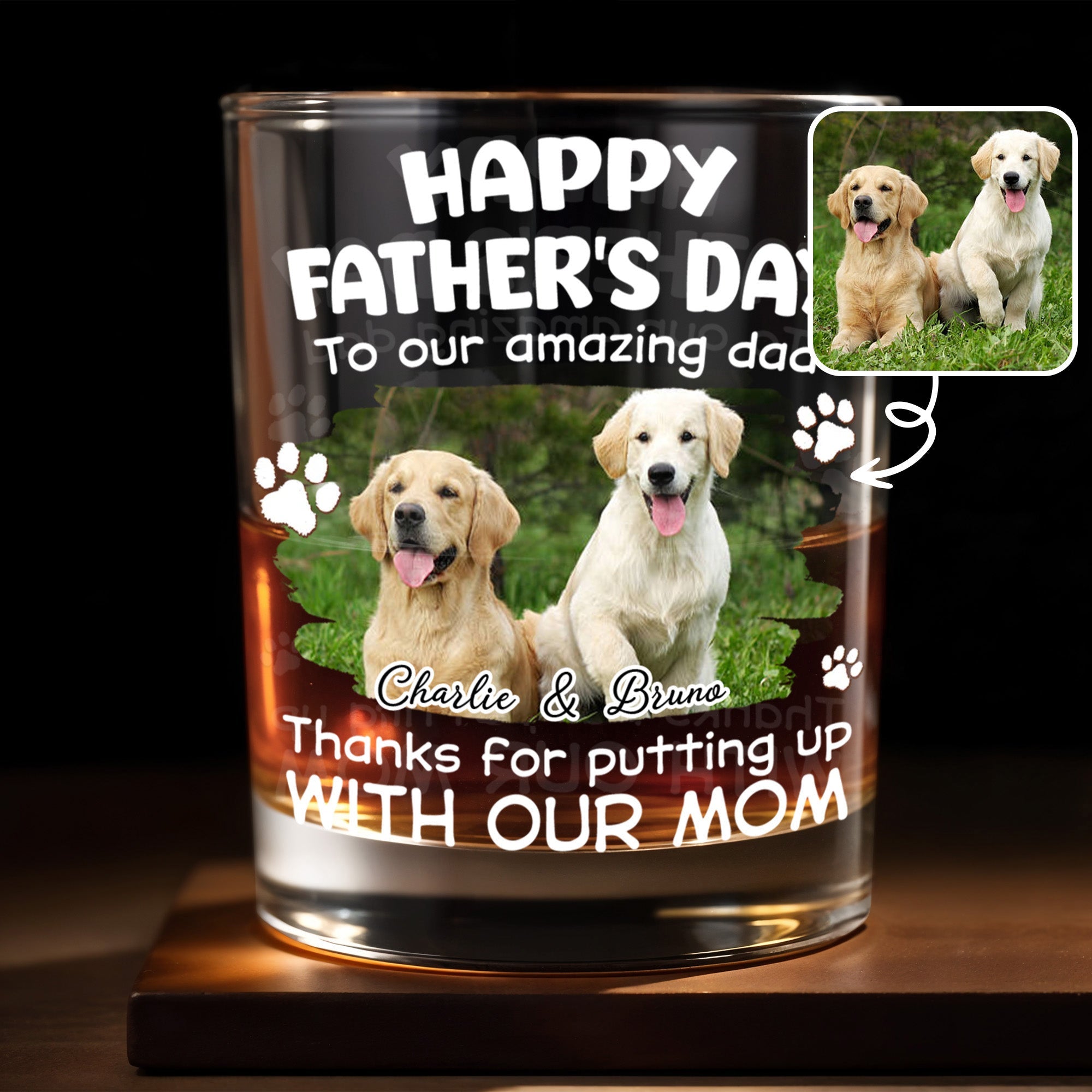 Happy Father's Day To Our Amazing Dad Dog Photo And Paws - Personalized Custom Whiskey Glass - DAD703_RWG
