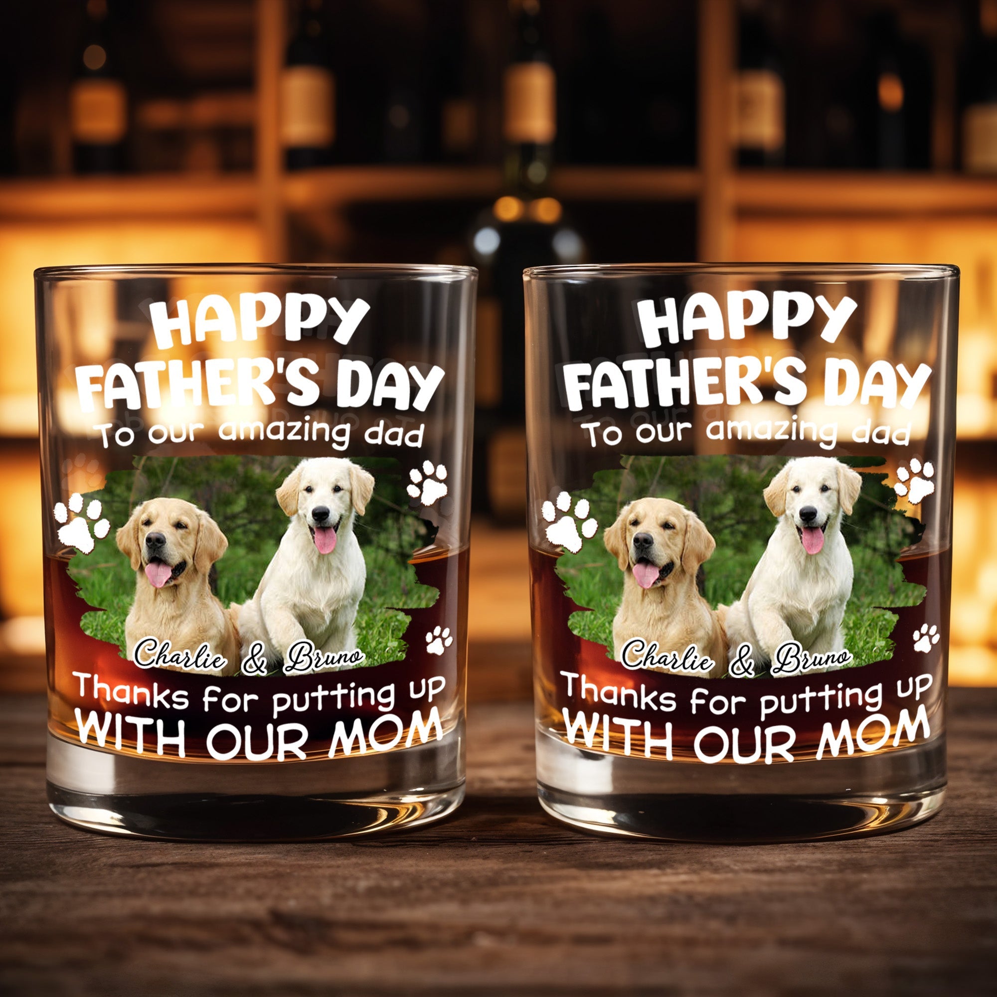 Happy Father's Day To Our Amazing Dad Dog Photo And Paws - Personalized Custom Whiskey Glass - DAD703_RWG