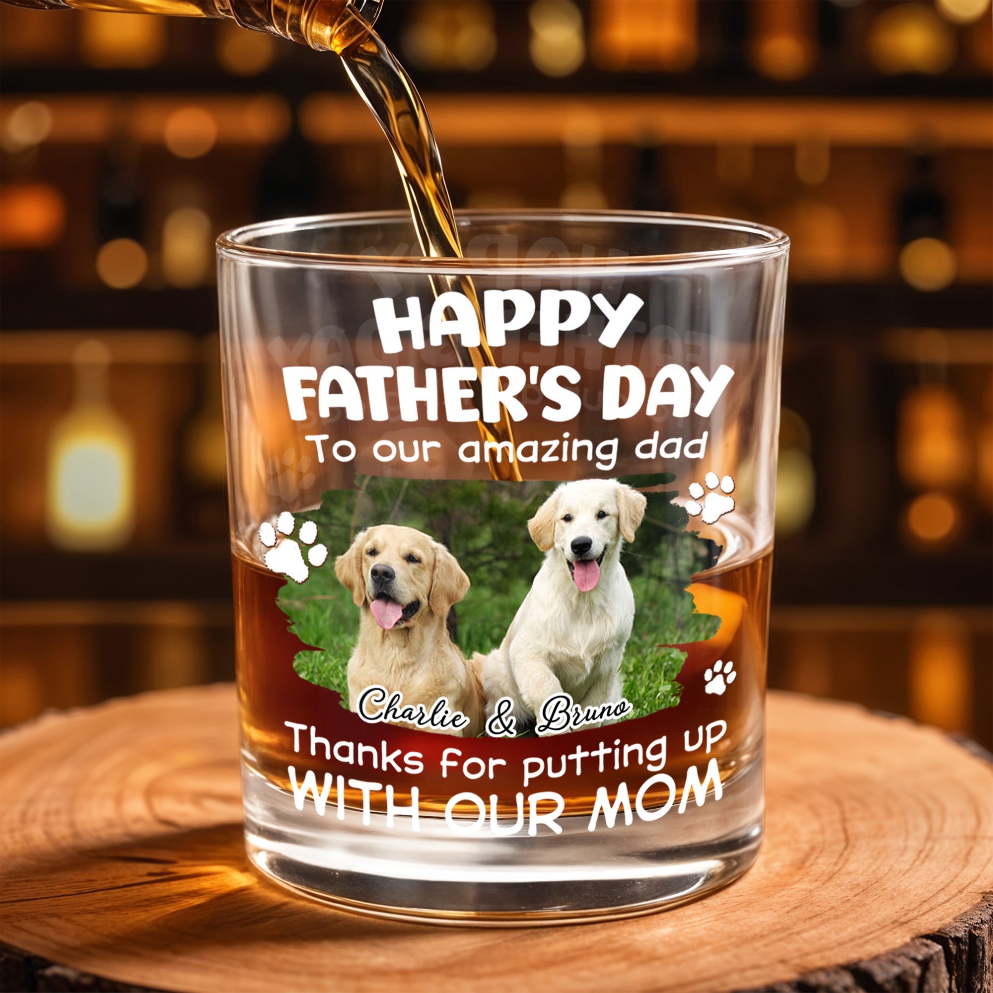 Happy Father's Day To Our Amazing Dad Dog Photo And Paws - Personalized Custom Whiskey Glass - DAD703_RWG