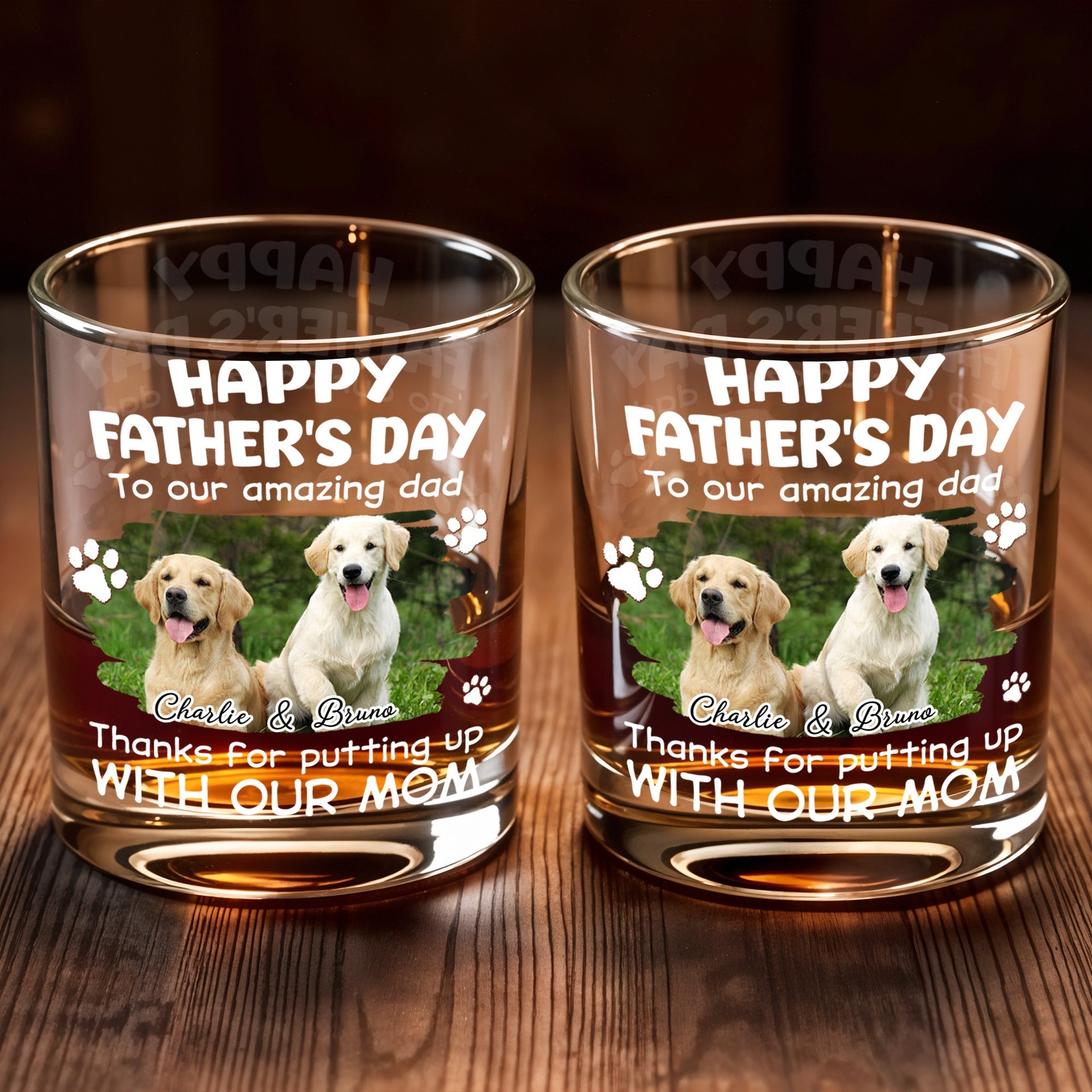 Happy Father's Day To Our Amazing Dad Dog Photo And Paws - Personalized Custom Whiskey Glass - DAD703_RWG