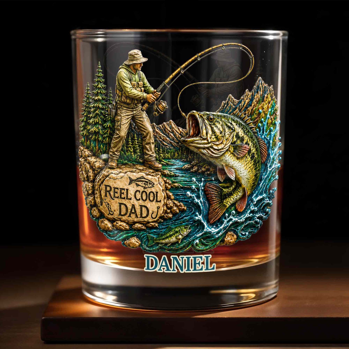 Reel Cool Dad Fisherman And Large Bass Fishing Scene - Personalized Custom Whiskey Glass - DAD708_RWG