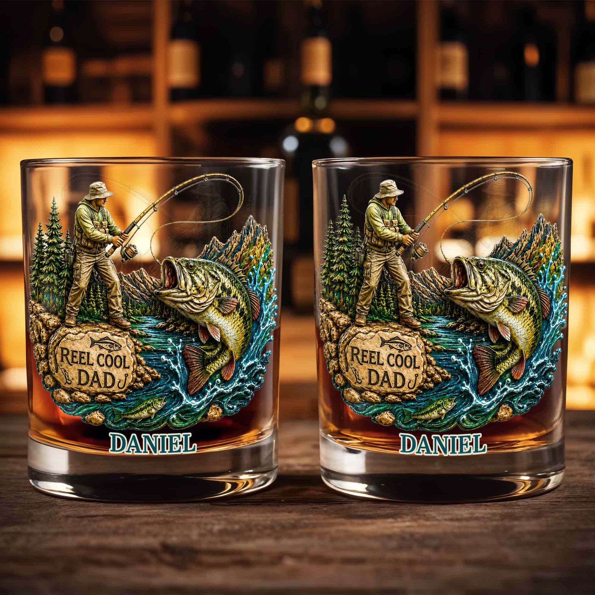 Reel Cool Dad Fisherman And Large Bass Fishing Scene - Personalized Custom Whiskey Glass - DAD708_RWG