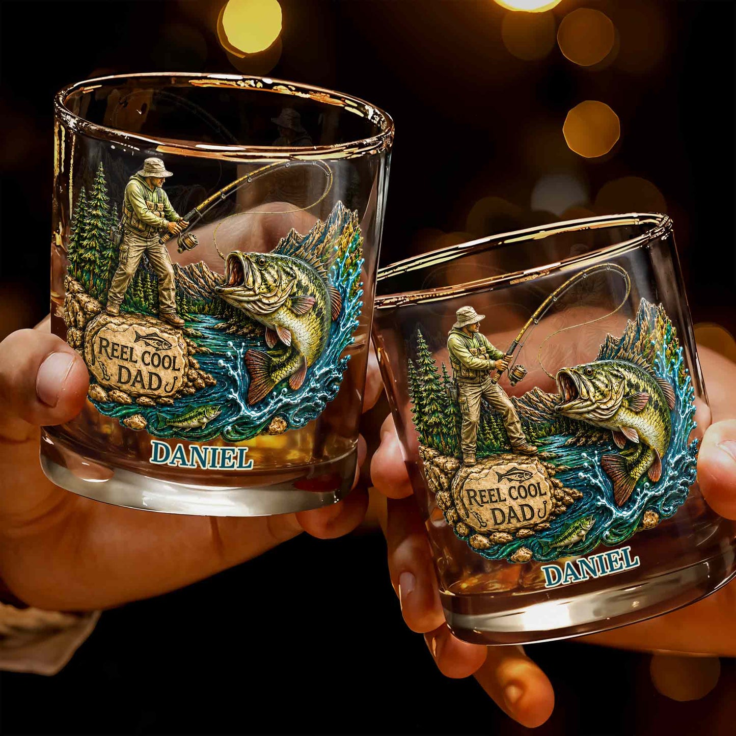 Reel Cool Dad Fisherman And Large Bass Fishing Scene - Personalized Custom Whiskey Glass - DAD708_RWG