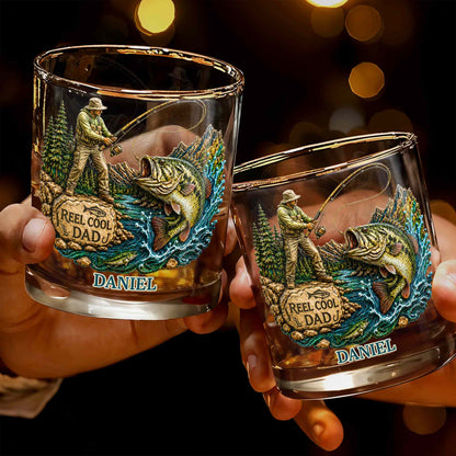 Reel Cool Dad Fisherman And Large Bass Fishing Scene - Personalized Custom Whiskey Glass - DAD708_RWG