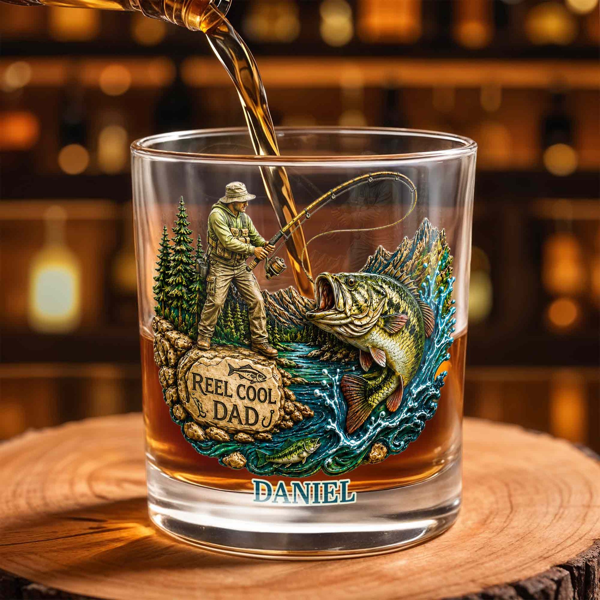 Reel Cool Dad Fisherman And Large Bass Fishing Scene - Personalized Custom Whiskey Glass - DAD708_RWG