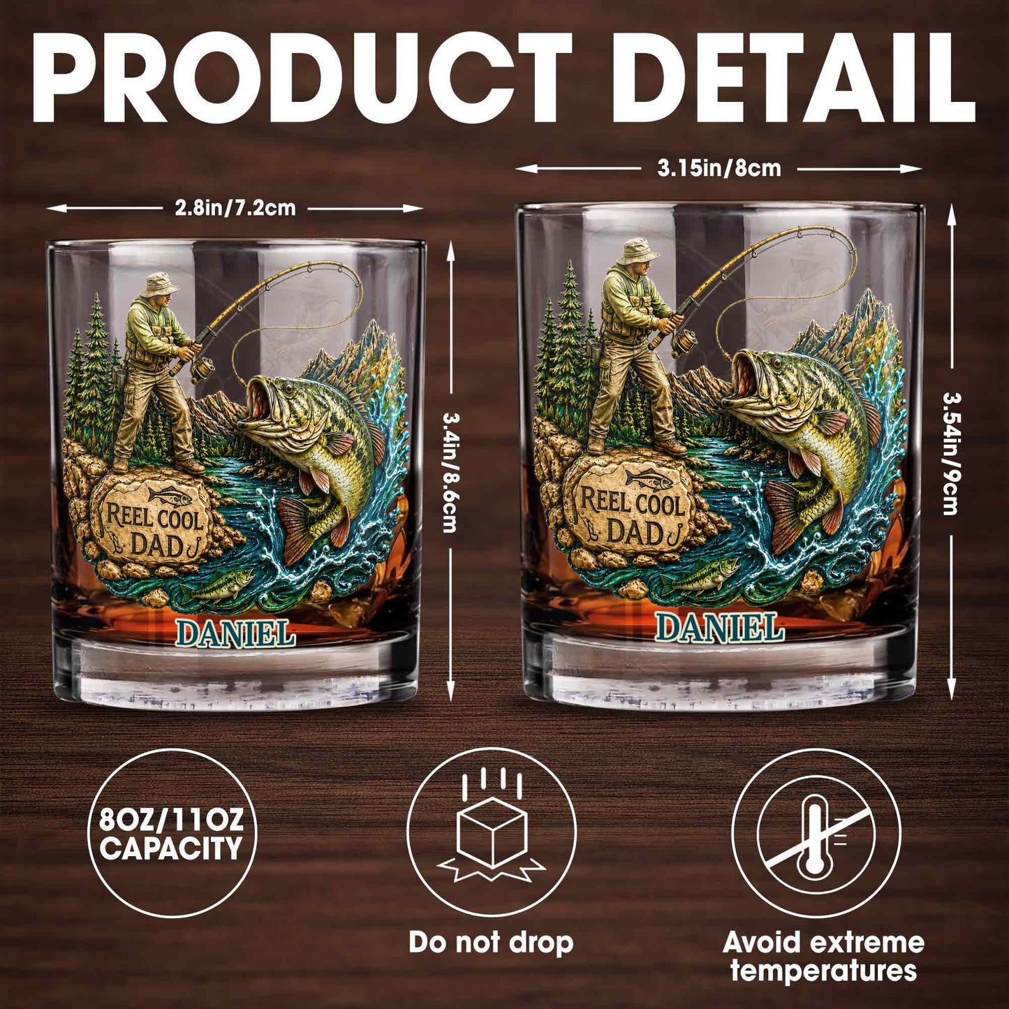 Reel Cool Dad Fisherman And Large Bass Fishing Scene - Personalized Custom Whiskey Glass - DAD708_RWG
