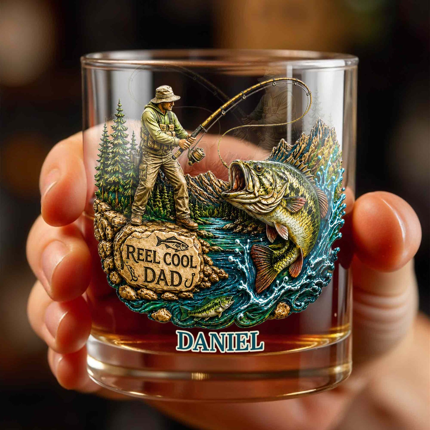 Reel Cool Dad Fisherman And Large Bass Fishing Scene - Personalized Custom Whiskey Glass - DAD708_RWG