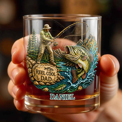 Reel Cool Dad Fisherman And Large Bass Fishing Scene - Personalized Custom Whiskey Glass - DAD708_RWG