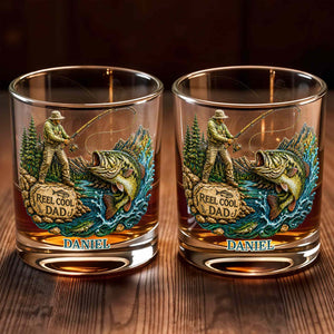 Reel Cool Dad Fisherman And Large Bass Fishing Scene - Personalized Custom Whiskey Glass - DAD708_RWG