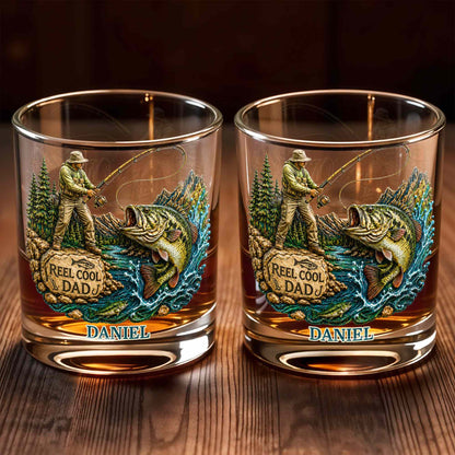 Reel Cool Dad Fisherman And Large Bass Fishing Scene - Personalized Custom Whiskey Glass - DAD708_RWG