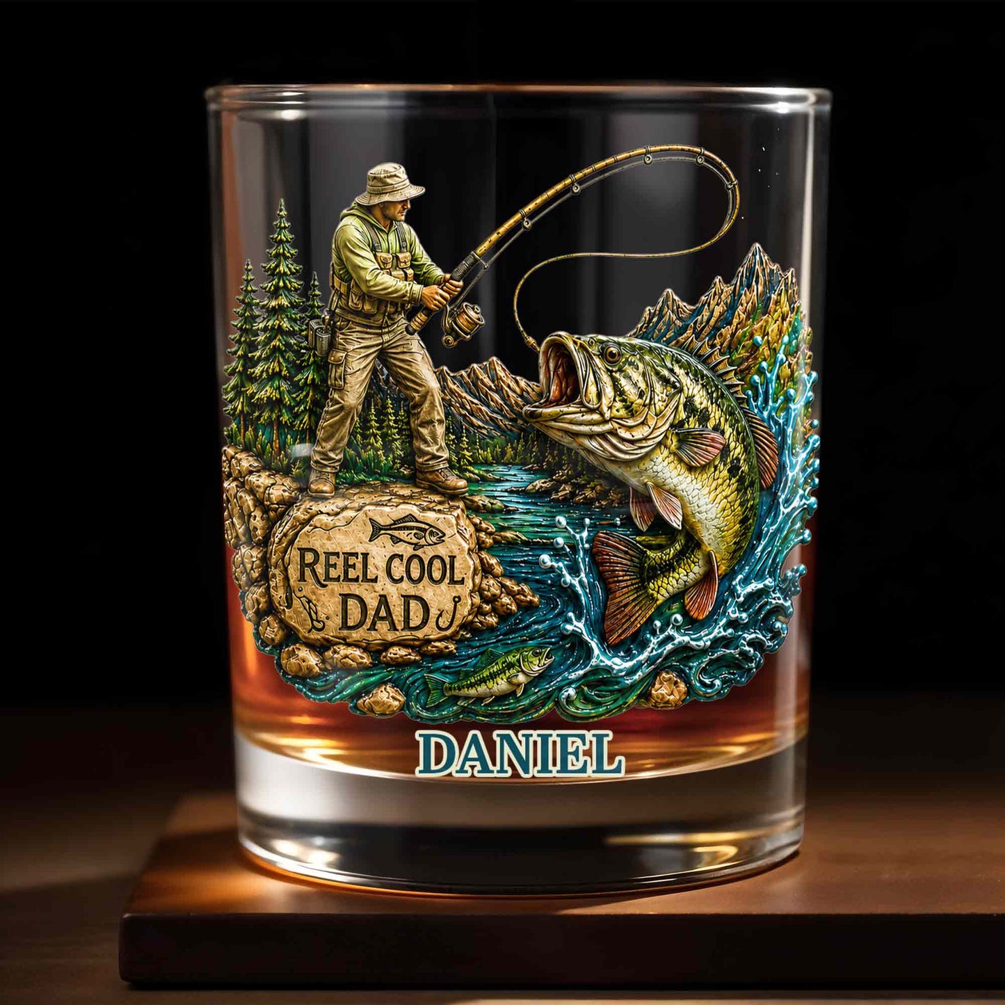 Reel Cool Dad Fisherman And Large Bass Fishing Scene - Personalized Custom Whiskey Glass - DAD708_RWG