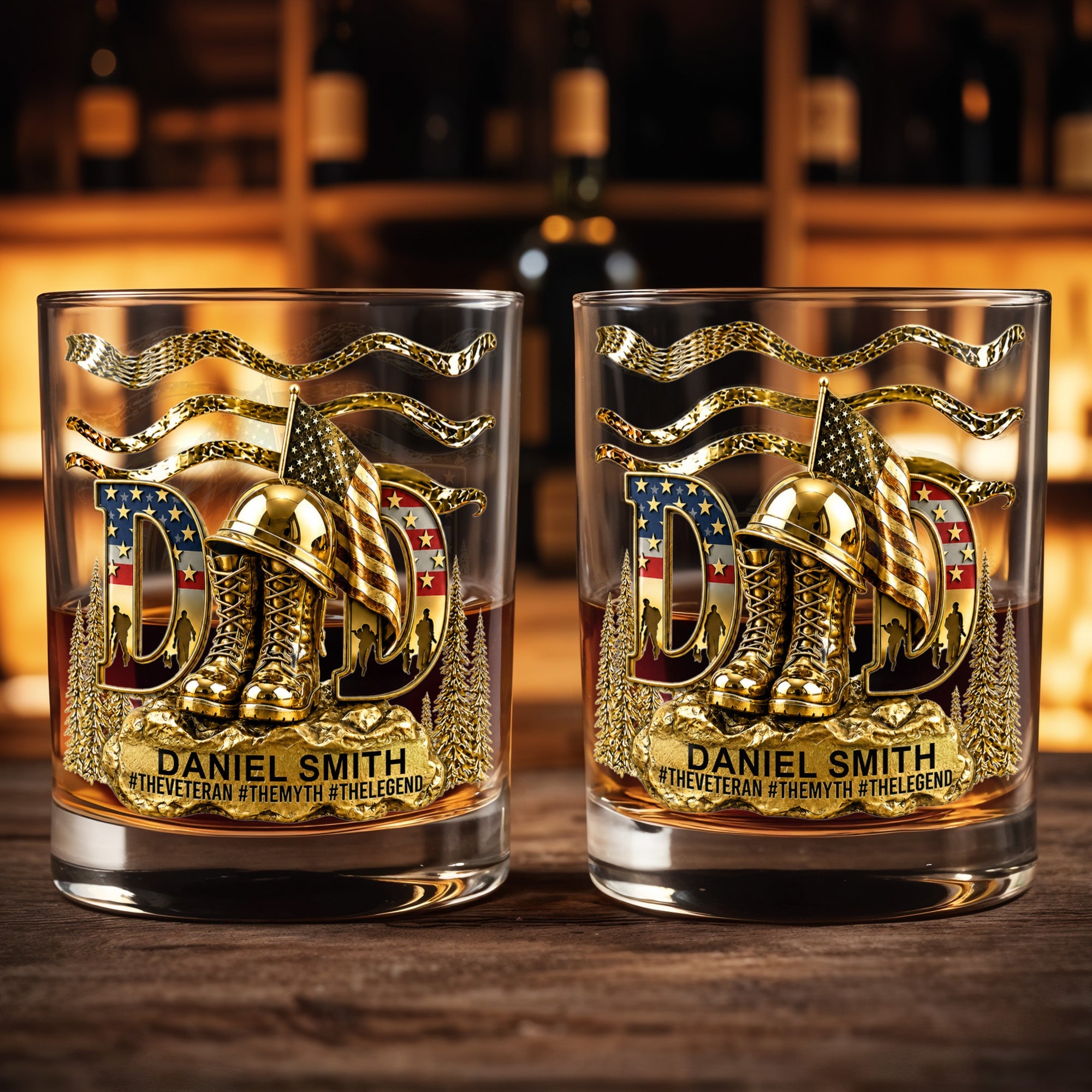Dad The Veteran The Myth The Legend With Golden Boots And Flag - Personalized Custom Whiskey Glass - DAD712_RWG