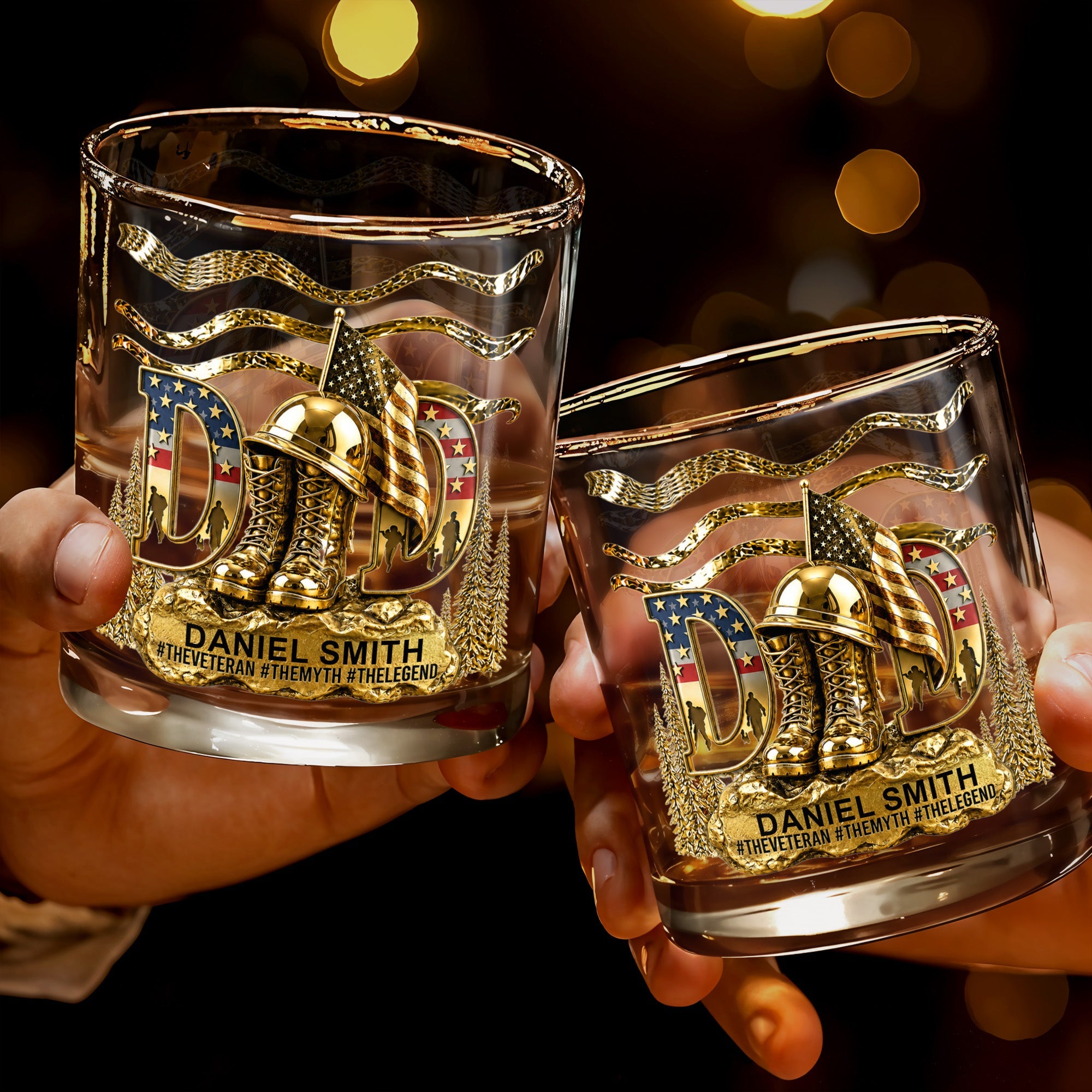 Dad The Veteran The Myth The Legend With Golden Boots And Flag - Personalized Custom Whiskey Glass - DAD712_RWG