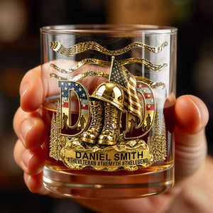 Dad The Veteran The Myth The Legend With Golden Boots And Flag - Personalized Custom Whiskey Glass - DAD712_RWG