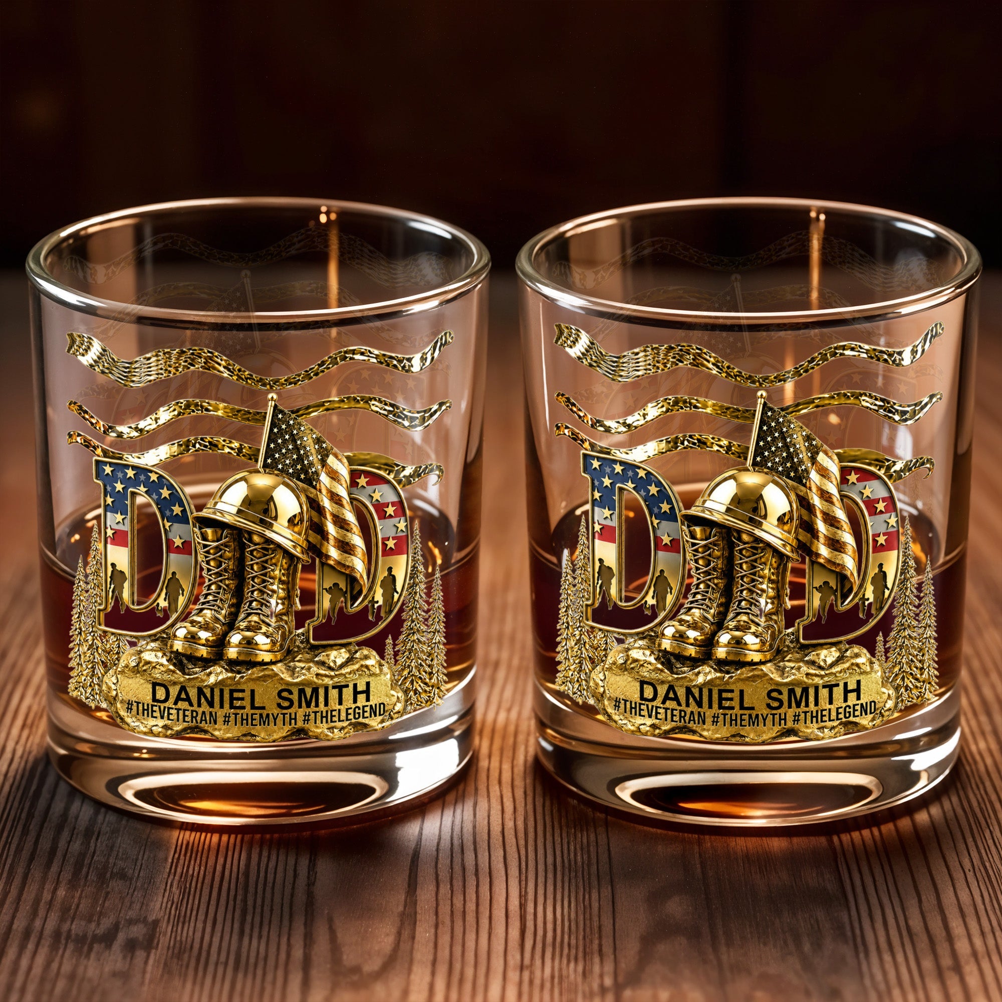 Dad The Veteran The Myth The Legend With Golden Boots And Flag - Personalized Custom Whiskey Glass - DAD712_RWG