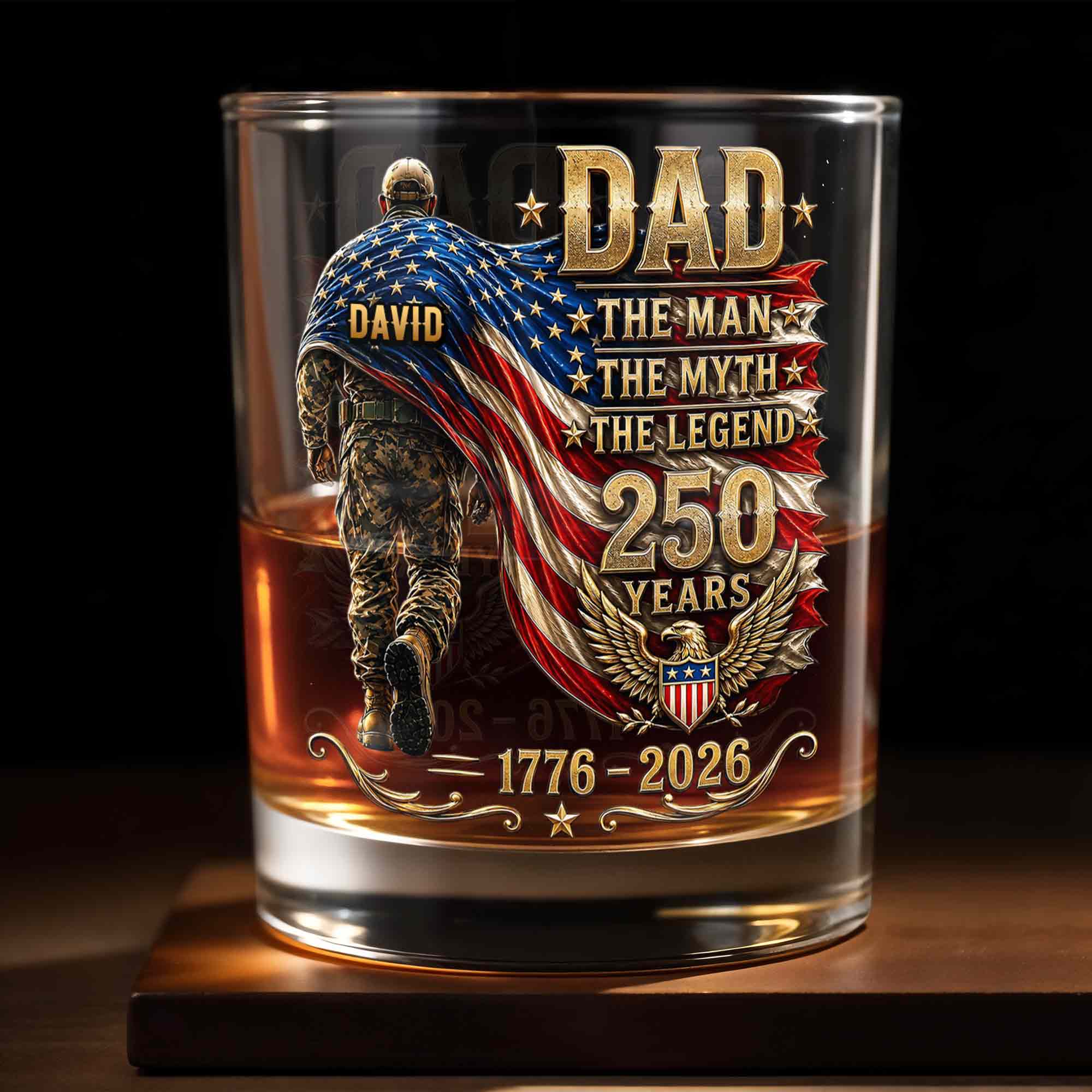 Dad The Man The Myth The Legend Patriotic Soldier And American Flag - Personalized Custom Whiskey Glass - DAD743_RWG