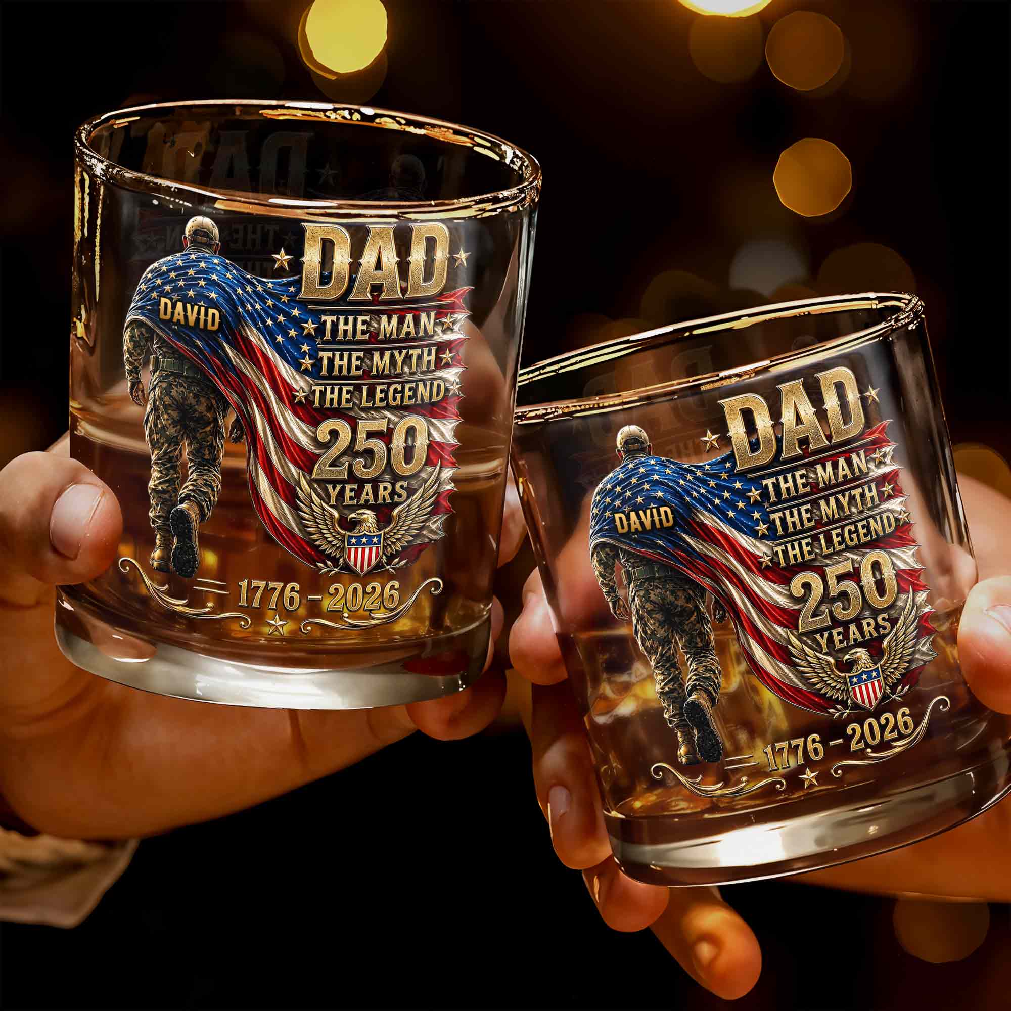 Dad The Man The Myth The Legend Patriotic Soldier And American Flag - Personalized Custom Whiskey Glass - DAD743_RWG