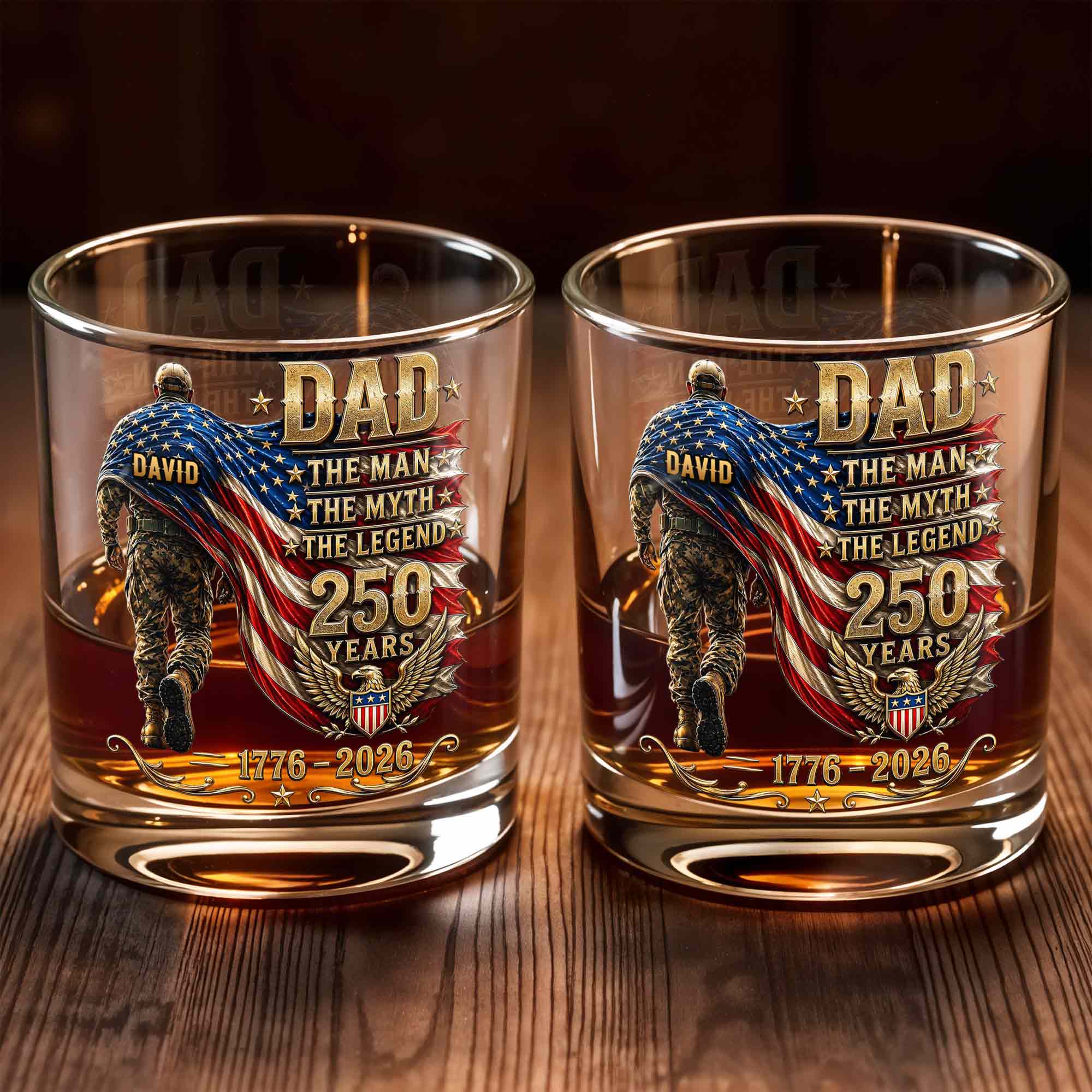 Dad The Man The Myth The Legend Patriotic Soldier And American Flag - Personalized Custom Whiskey Glass - DAD743_RWG