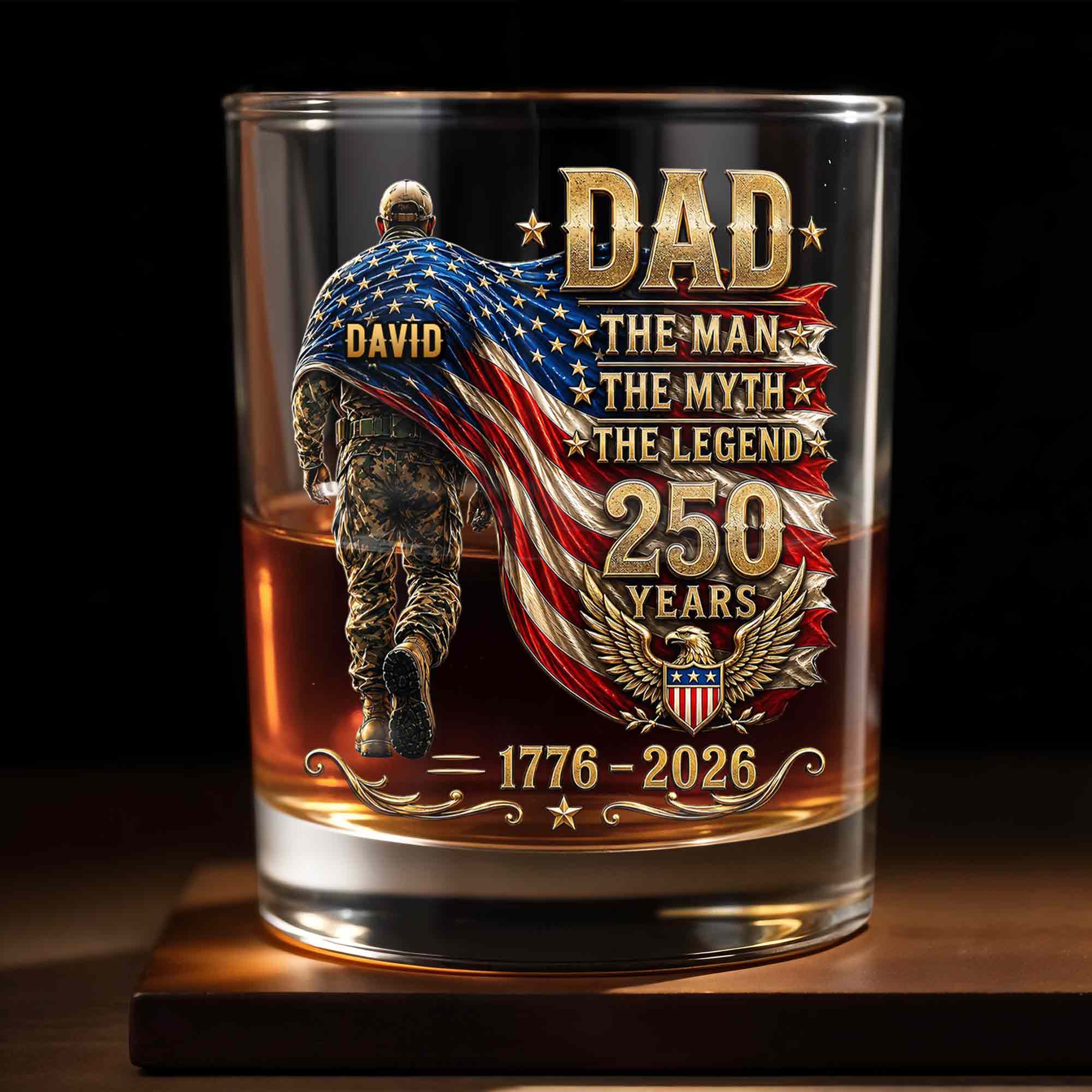 Dad The Man The Myth The Legend Patriotic Soldier And American Flag - Personalized Custom Whiskey Glass - DAD743_RWG