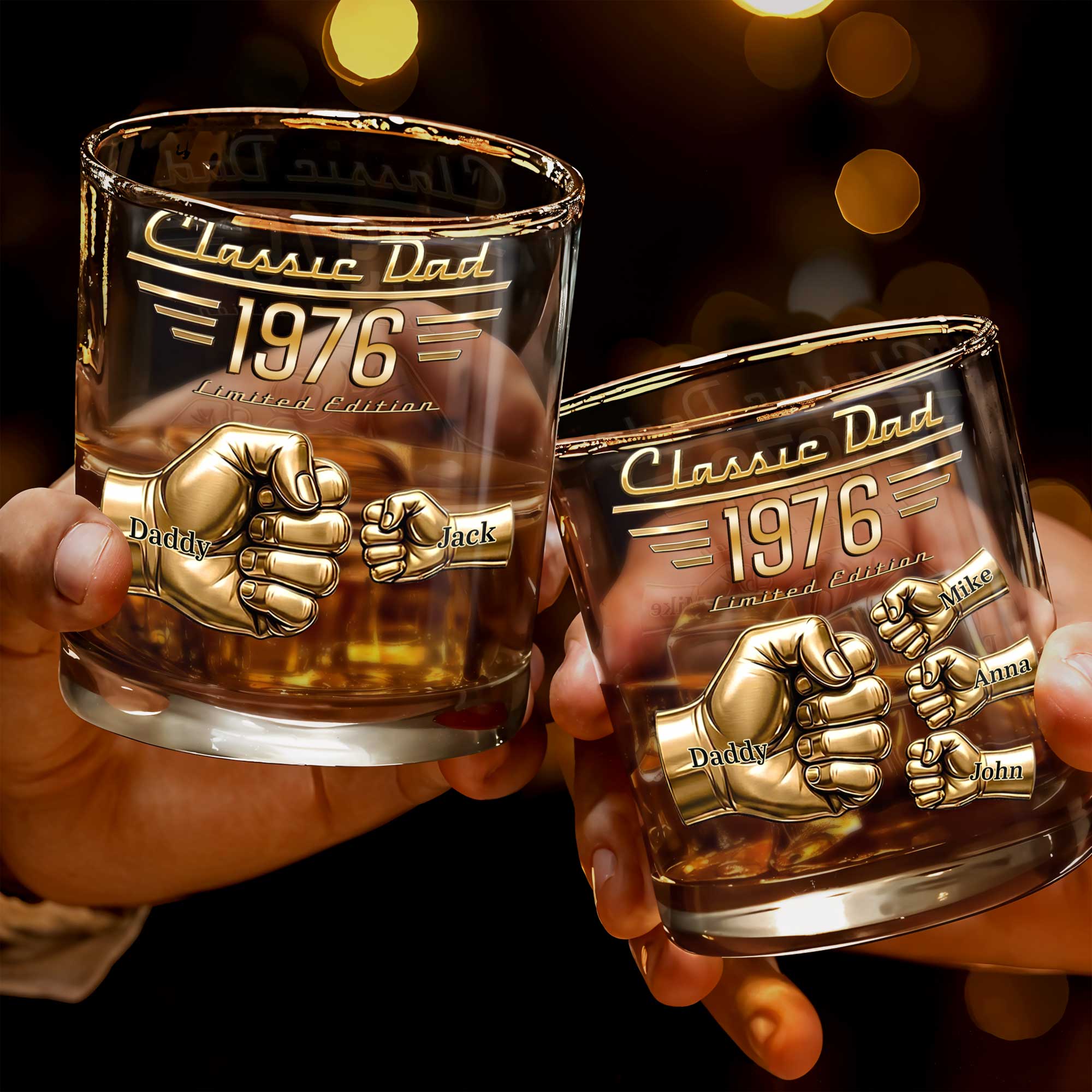 Classic Dad Limited Edition Fist Bump With Custom Members - Personalized Custom Whiskey Glass - DAD758_RWG