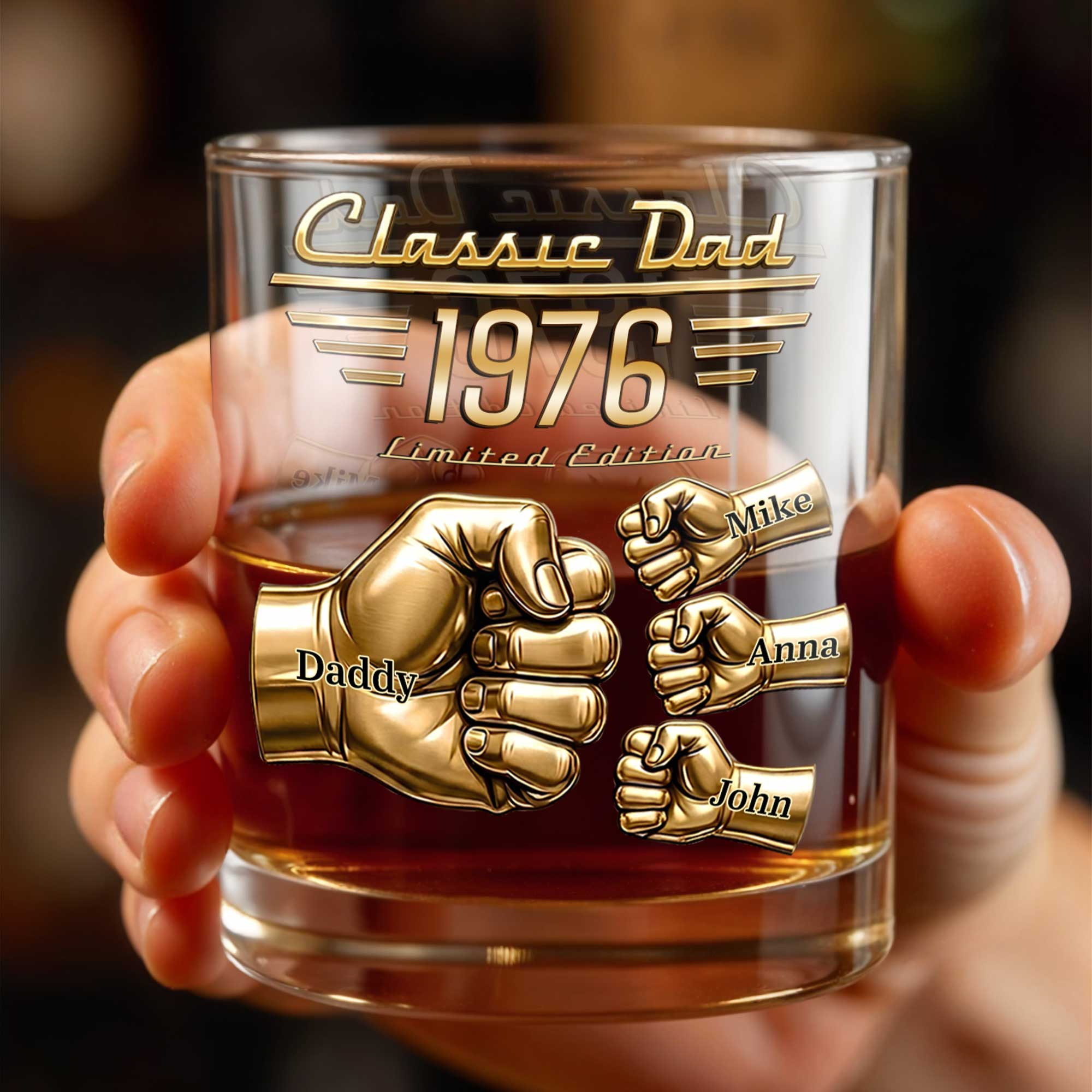 Classic Dad Limited Edition Fist Bump With Custom Members - Personalized Custom Whiskey Glass - DAD758_RWG