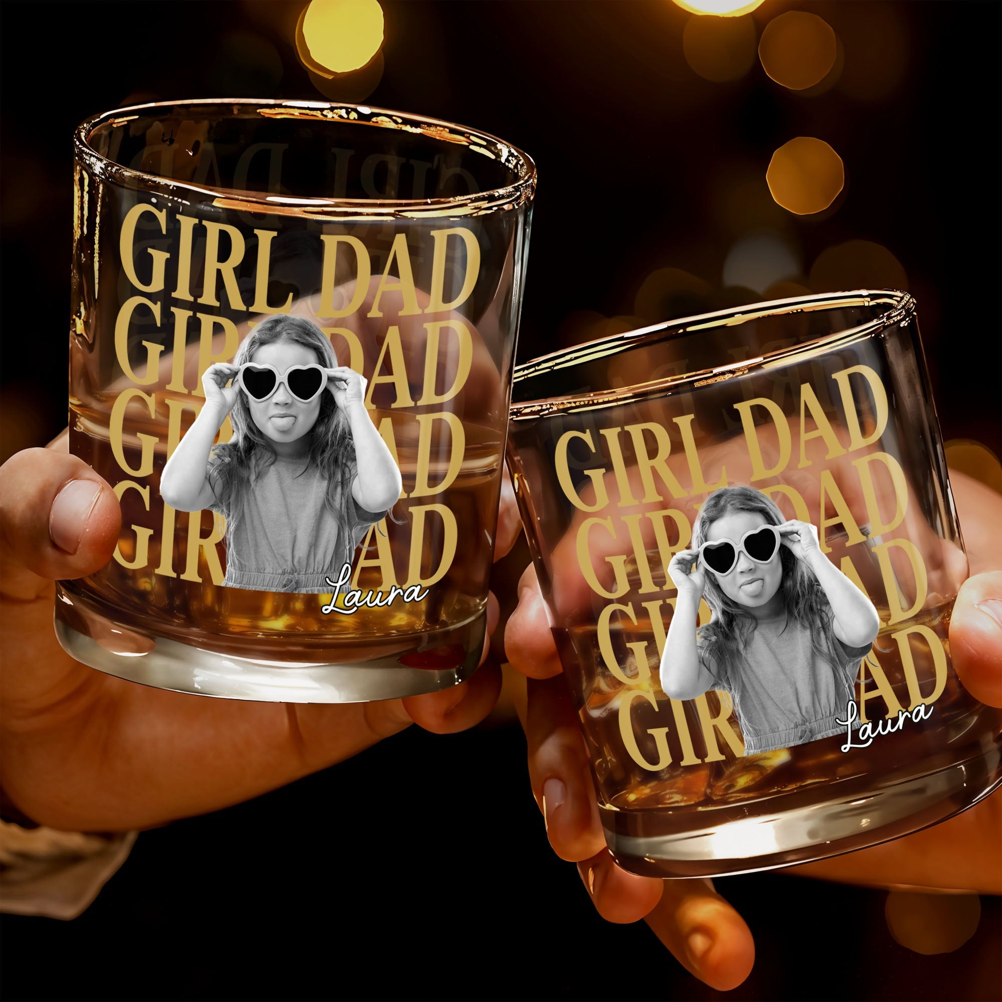 Girl Dad Custom Photo With Daughter Heart Sunglasses - Personalized Custom Whiskey Glass - DAD763_RWG
